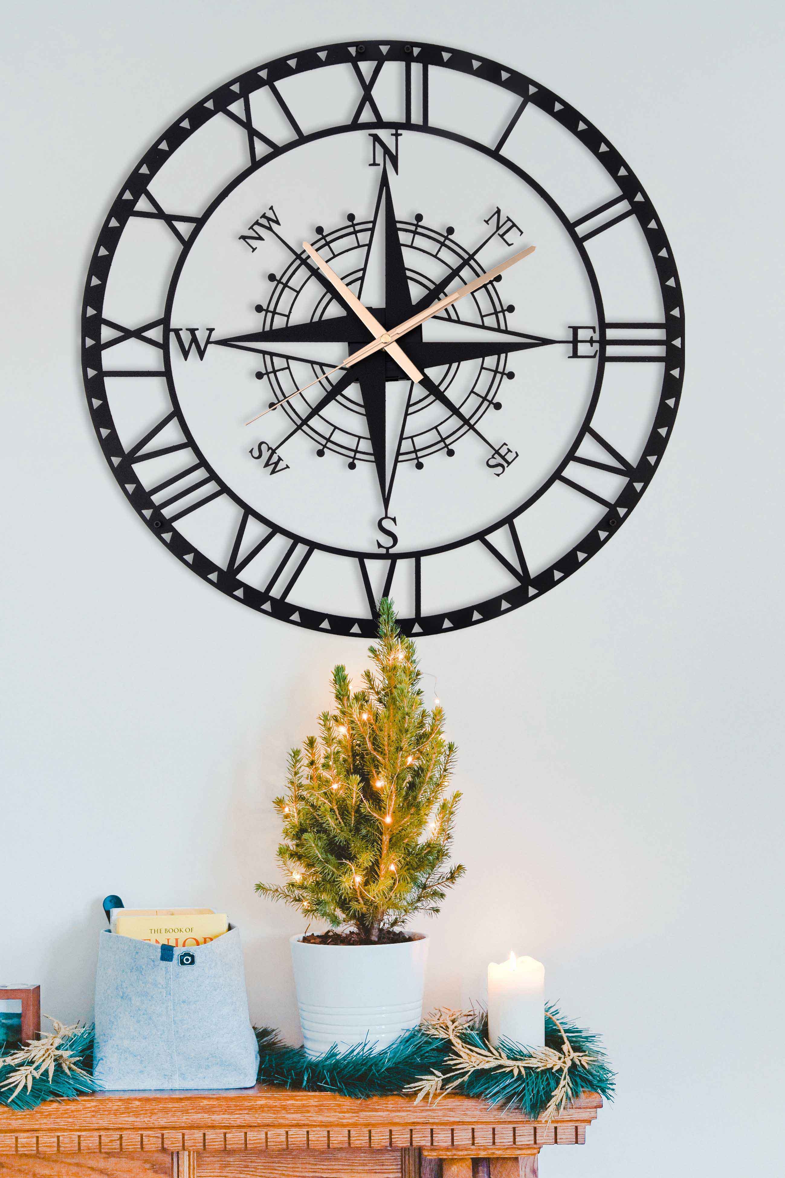 Compass Metal Silent Large Wall Clock, Home Decor, Home Gift