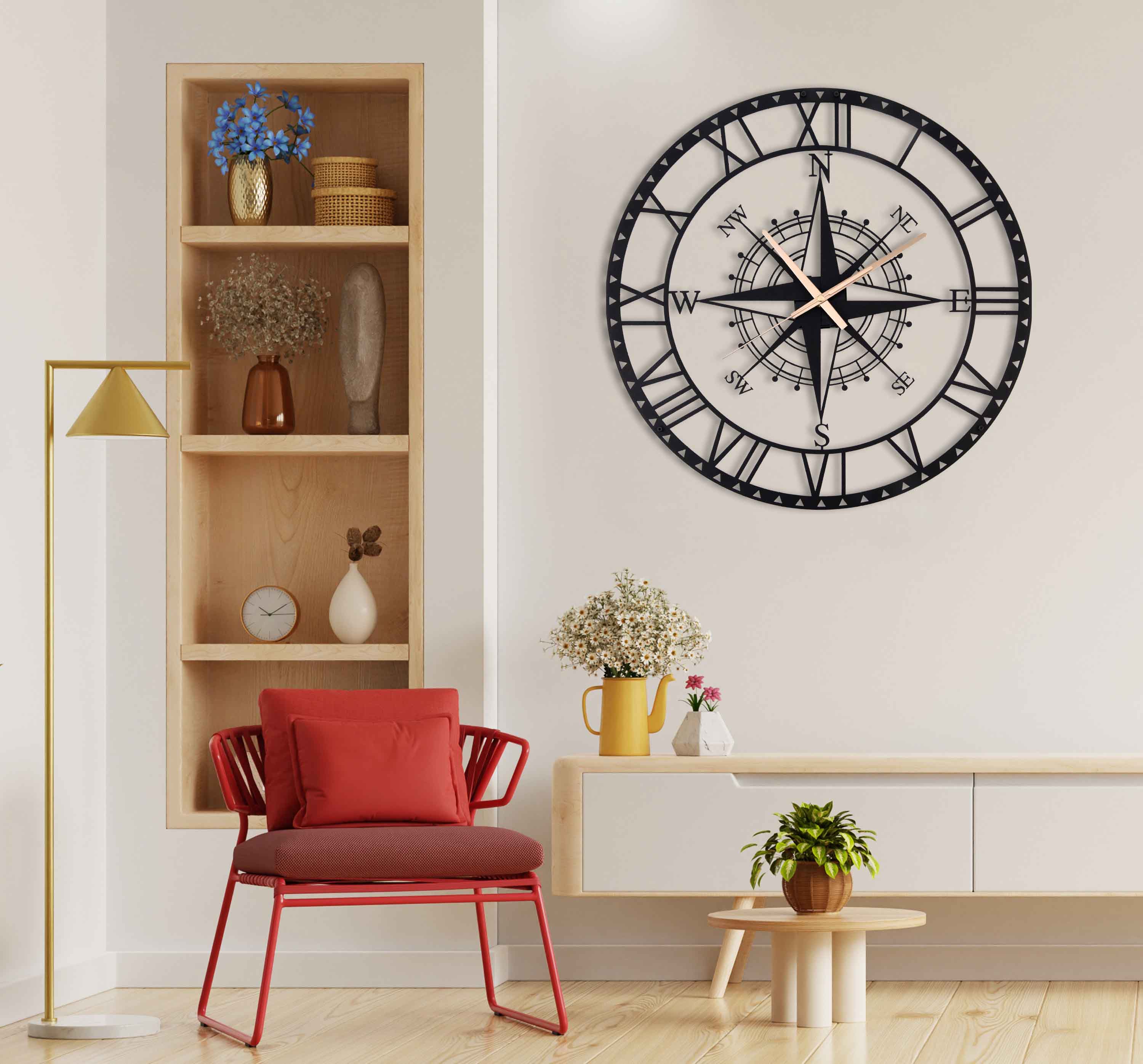 Compass Metal Silent Large Wall Clock, Home Decor, Home Gift
