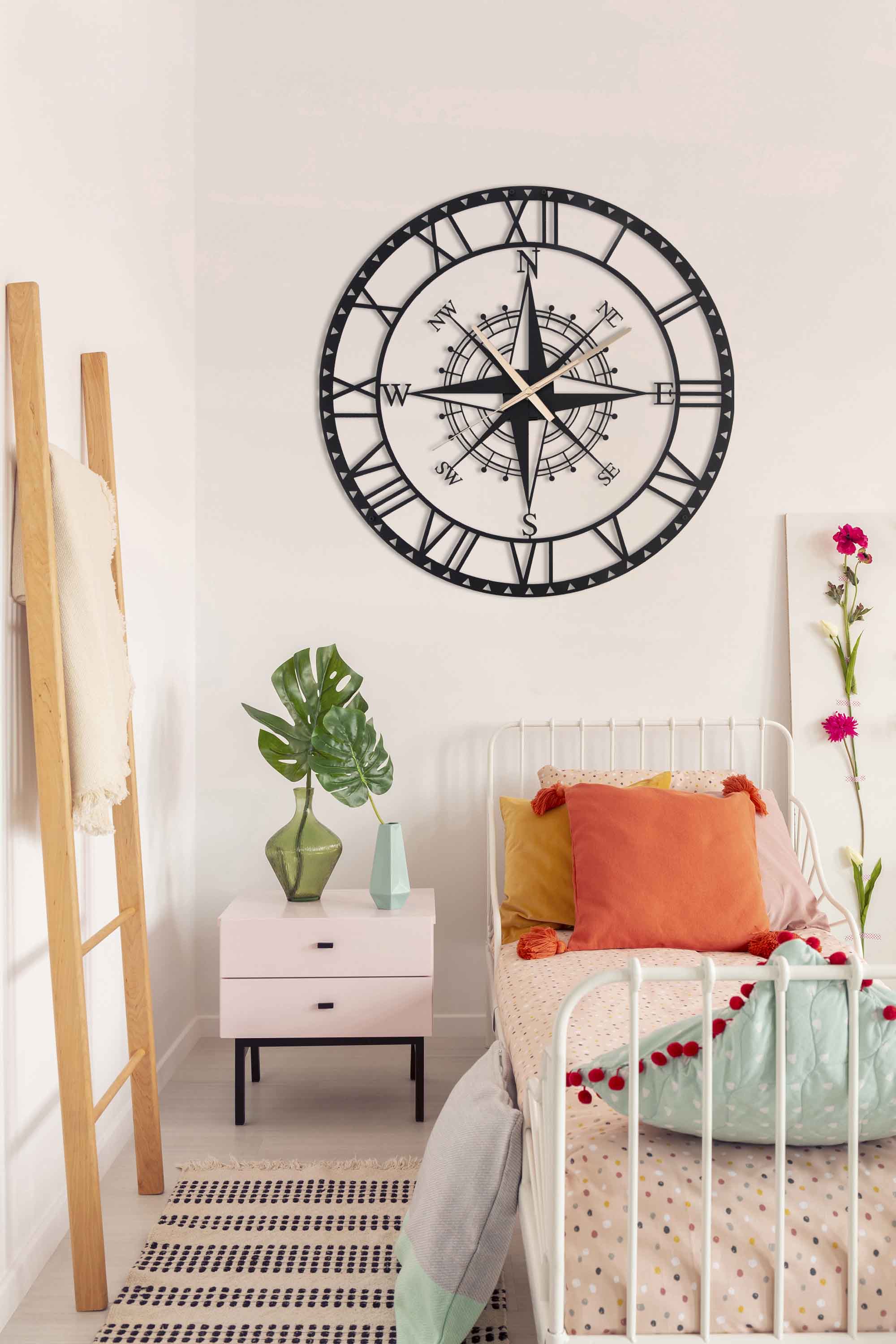 Compass Metal Silent Large Wall Clock, Home Decor, Home Gift