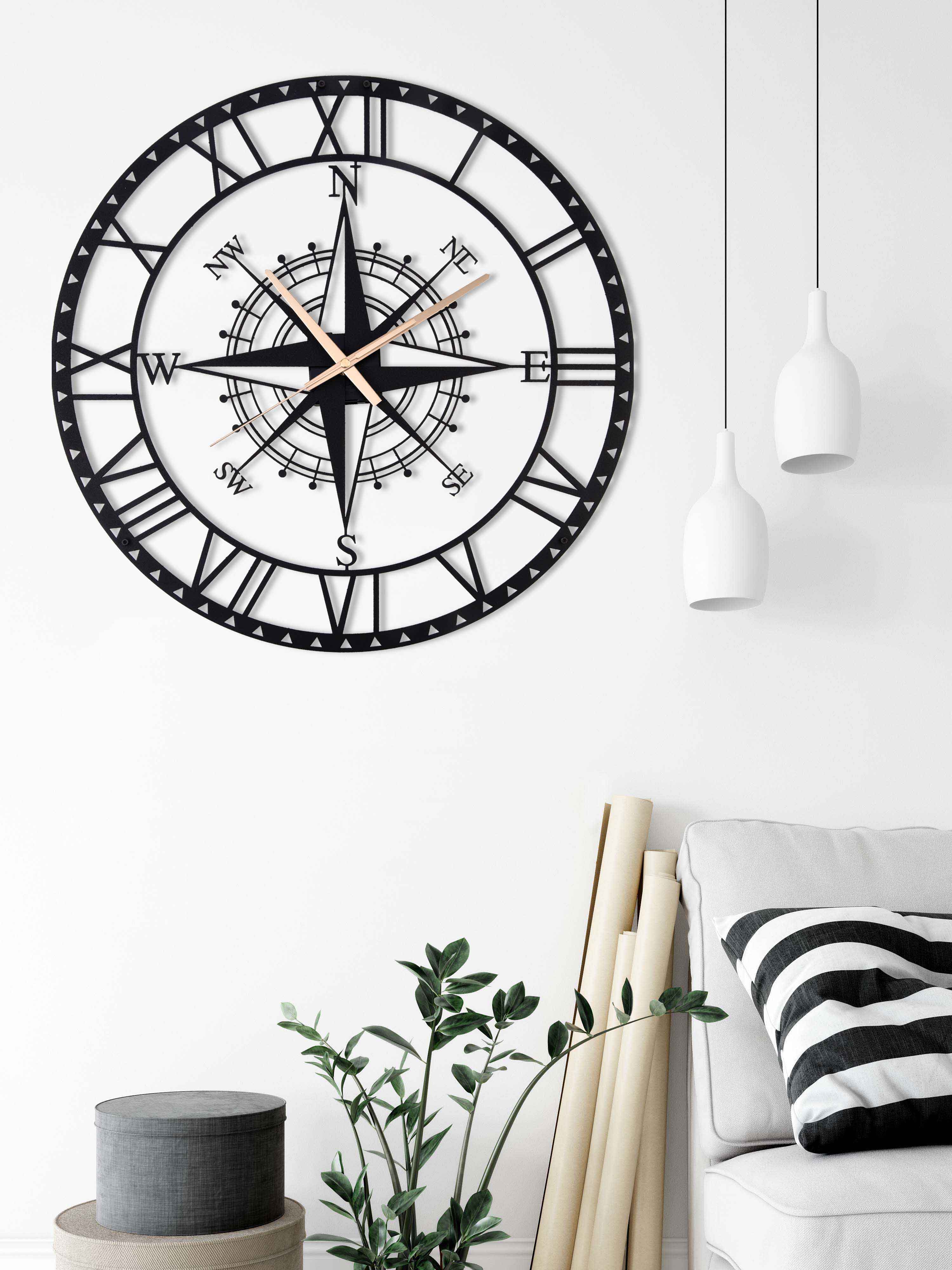 Compass Metal Silent Large Wall Clock, Home Decor, Home Gift