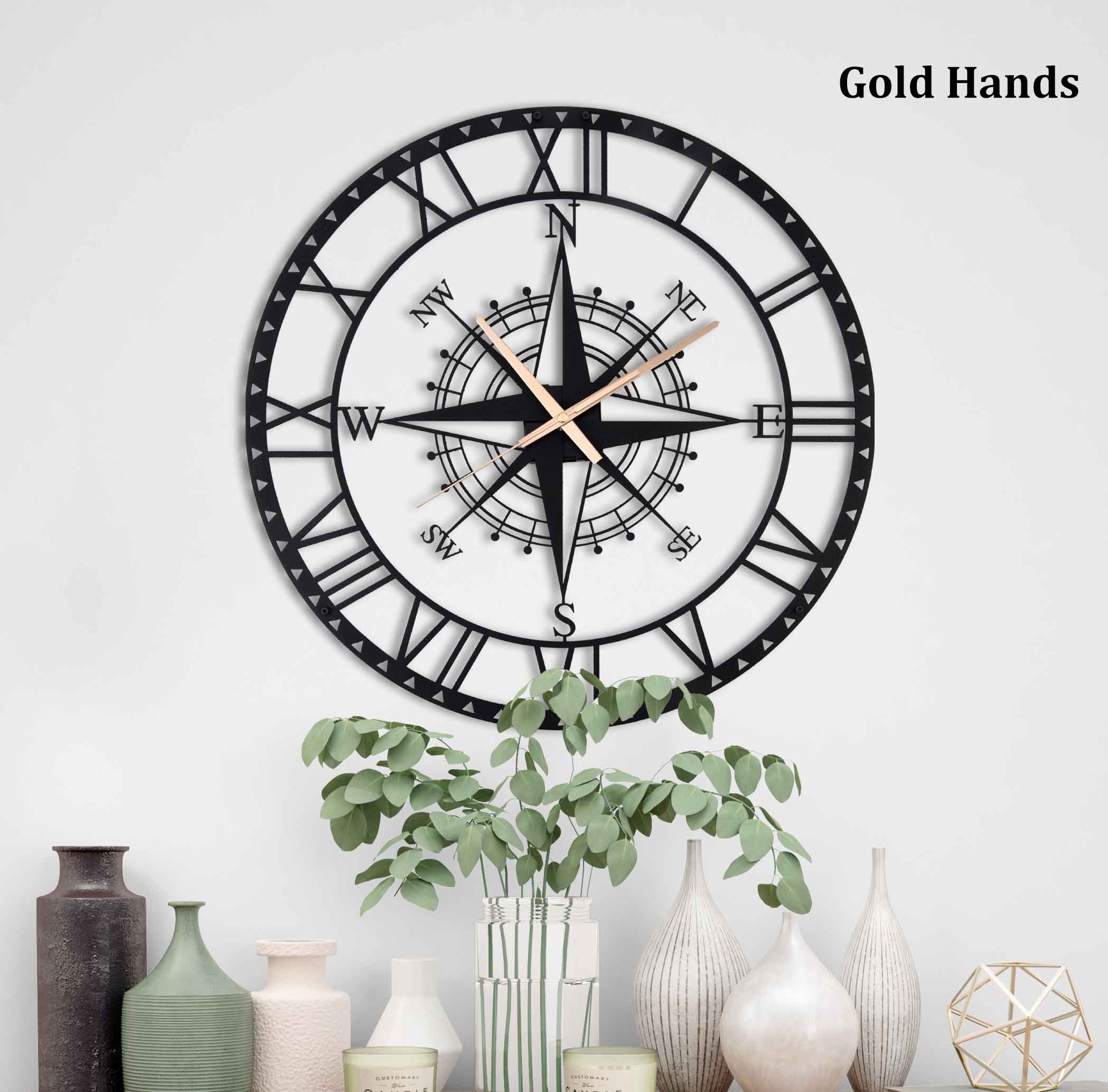 Compass Metal Silent Large Wall Clock, Home Decor, Home Gift