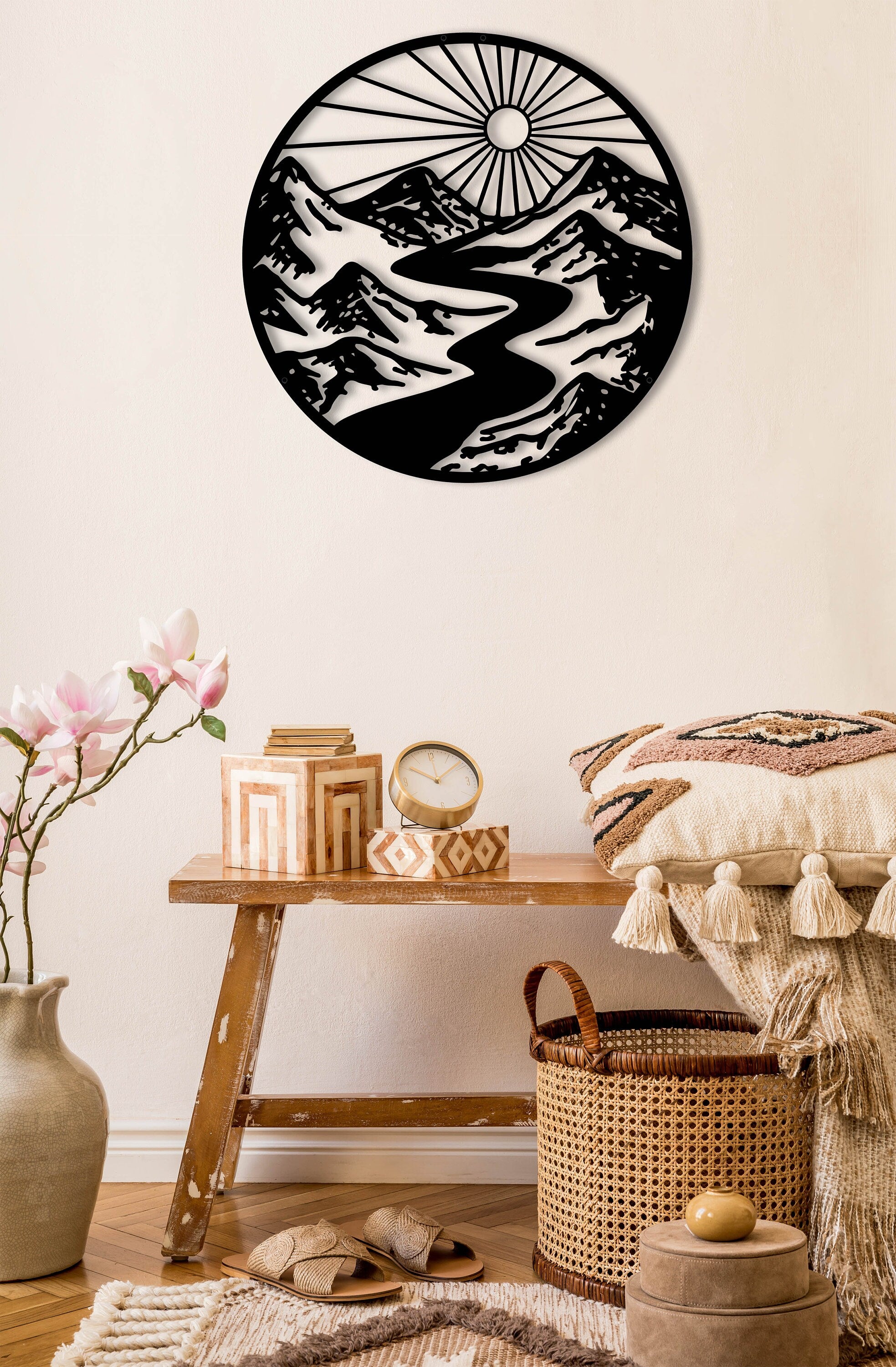 Metal Wall Decor, Oversized Wall Decor, Farmhouse Wall Decor, New Home Gift, Sun Livingroom Wall Decor, Mountain River Wall Decor