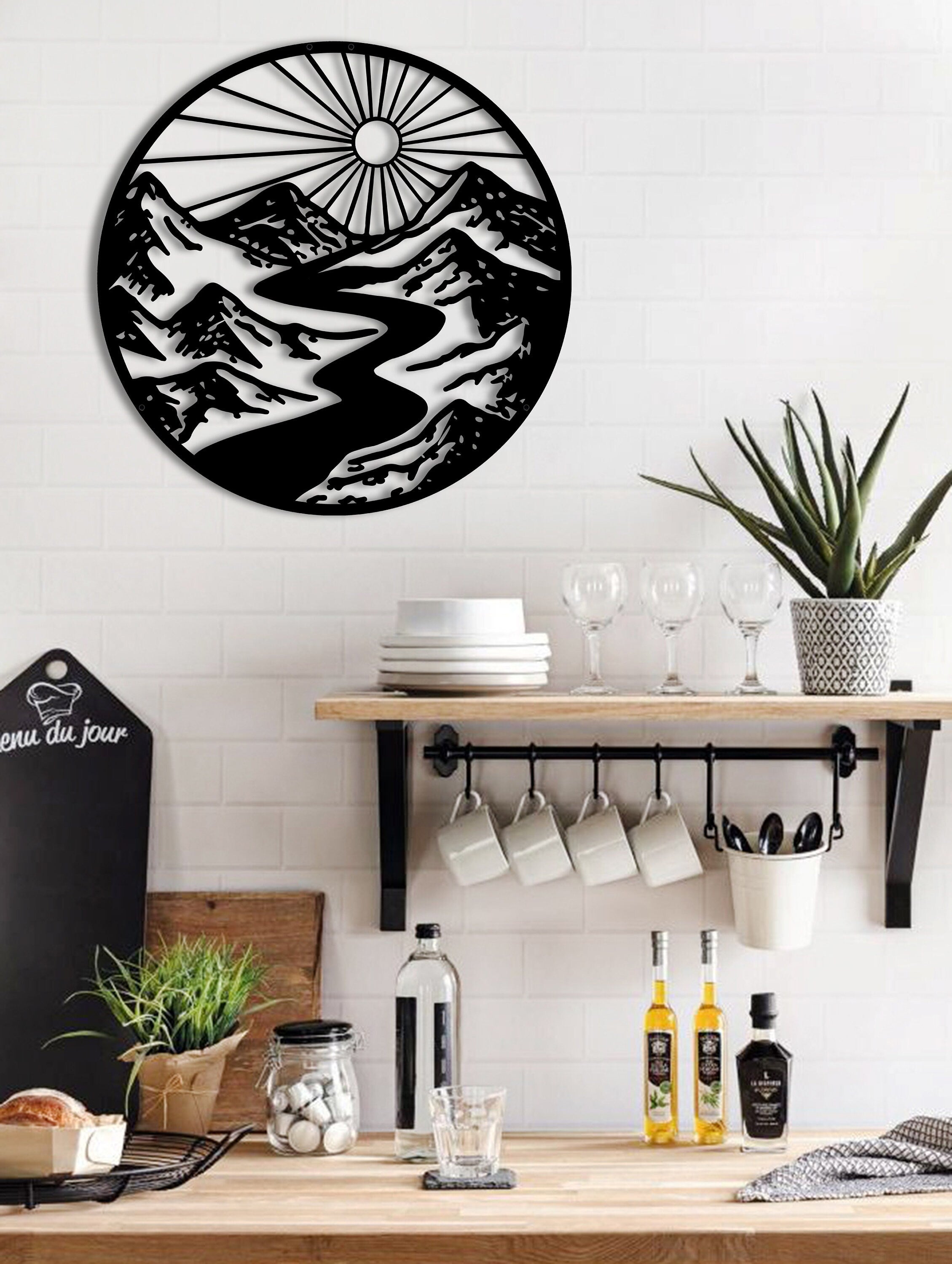 Metal Wall Decor, Oversized Wall Decor, Farmhouse Wall Decor, New Home Gift, Sun Livingroom Wall Decor, Mountain River Wall Decor