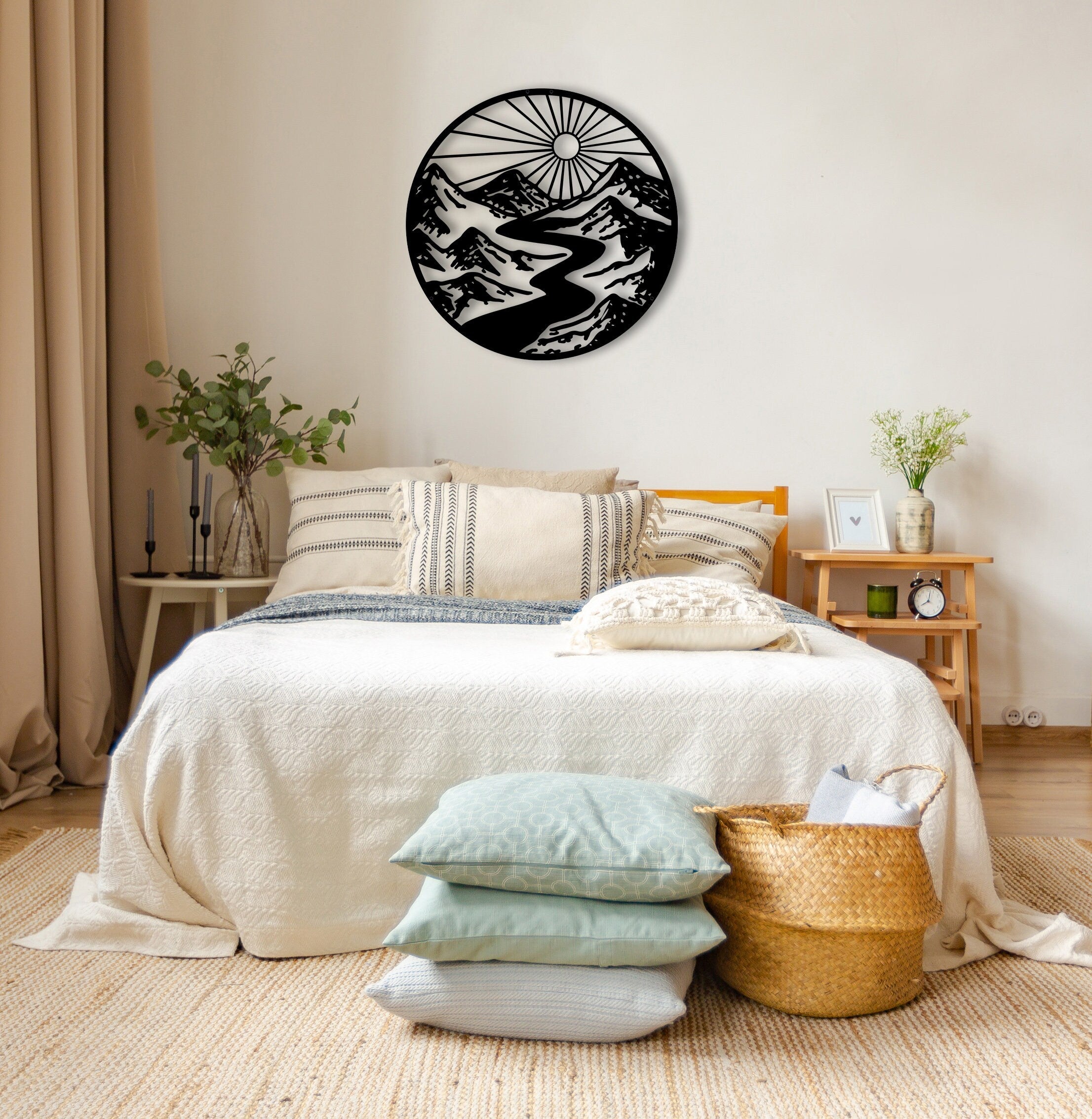 Metal Wall Decor, Oversized Wall Decor, Farmhouse Wall Decor, New Home Gift, Sun Livingroom Wall Decor, Mountain River Wall Decor