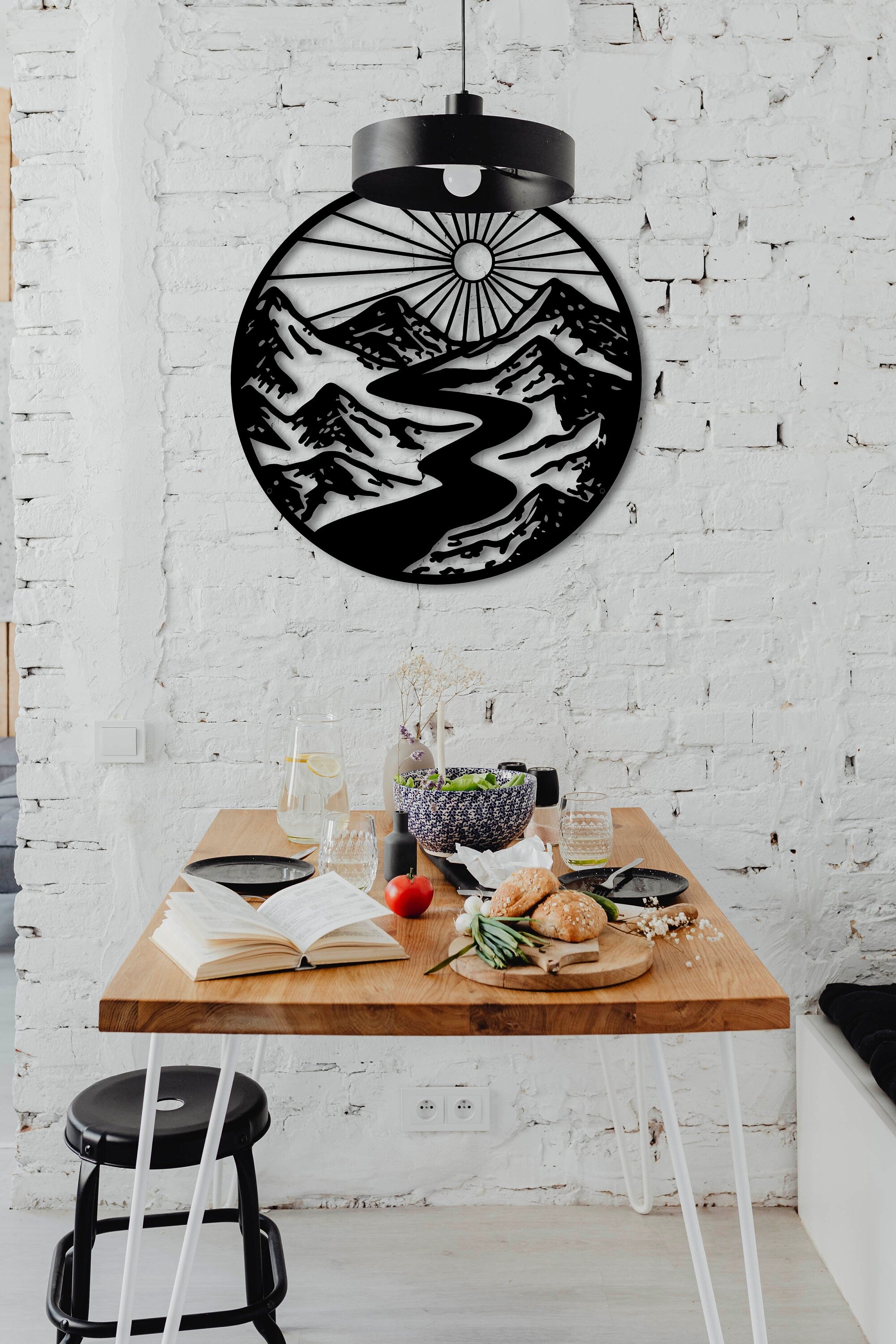 Metal Wall Decor, Oversized Wall Decor, Farmhouse Wall Decor, New Home Gift, Sun Livingroom Wall Decor, Mountain River Wall Decor