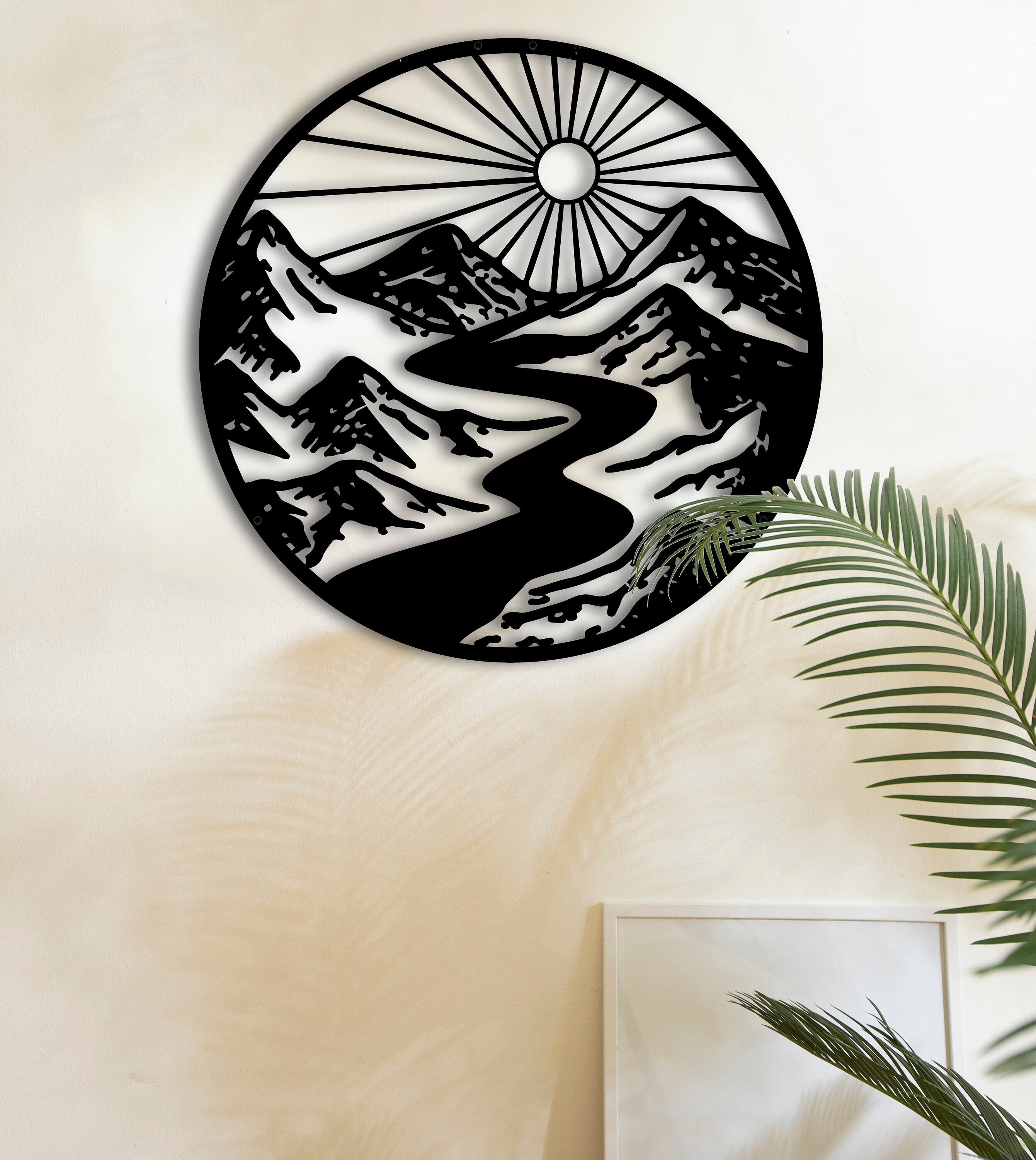 Metal Wall Decor, Oversized Wall Decor, Farmhouse Wall Decor, New Home Gift, Sun Livingroom Wall Decor, Mountain River Wall Decor