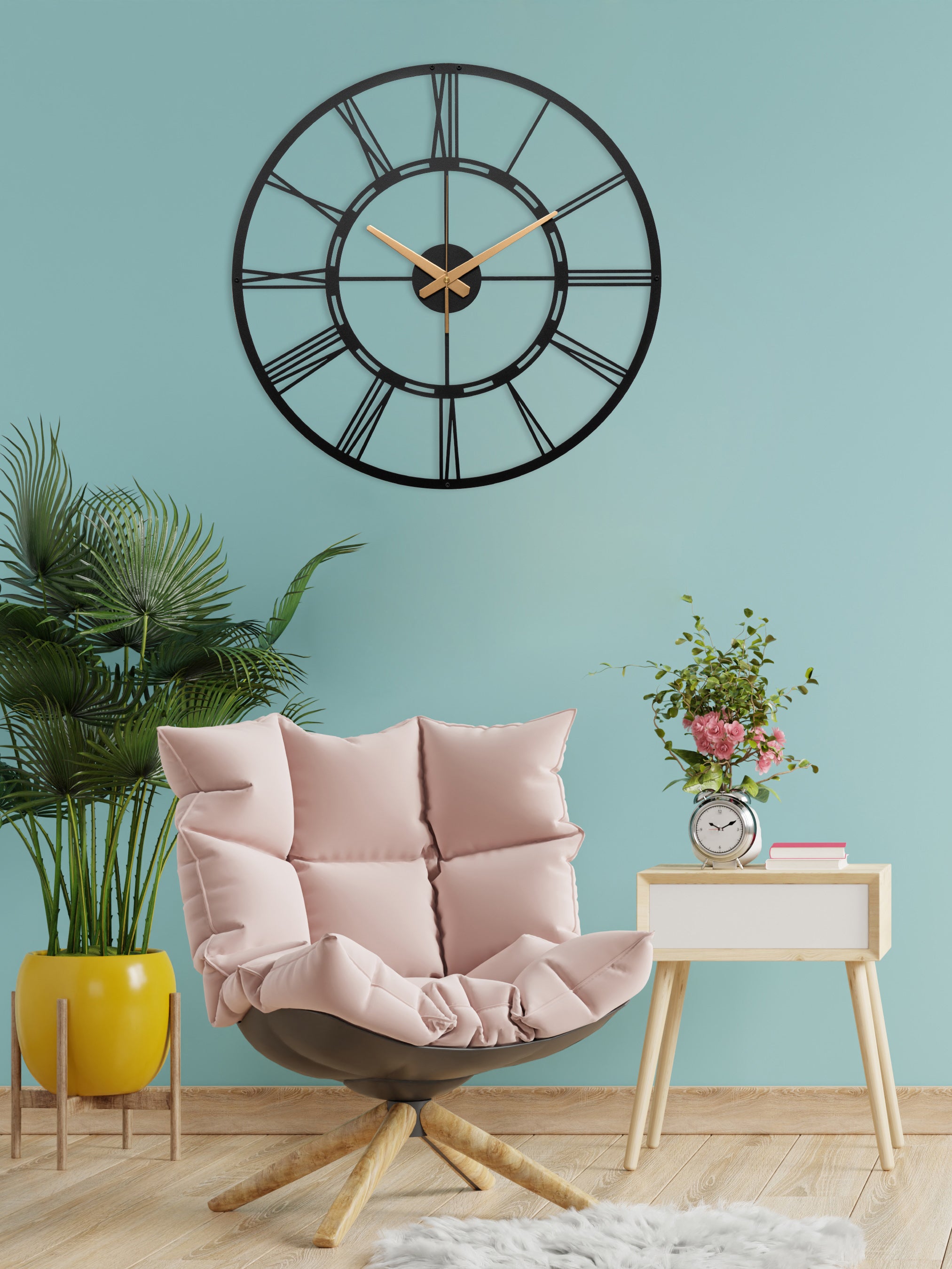 Unique Black Metal Wall Clock With White Roman Numbers