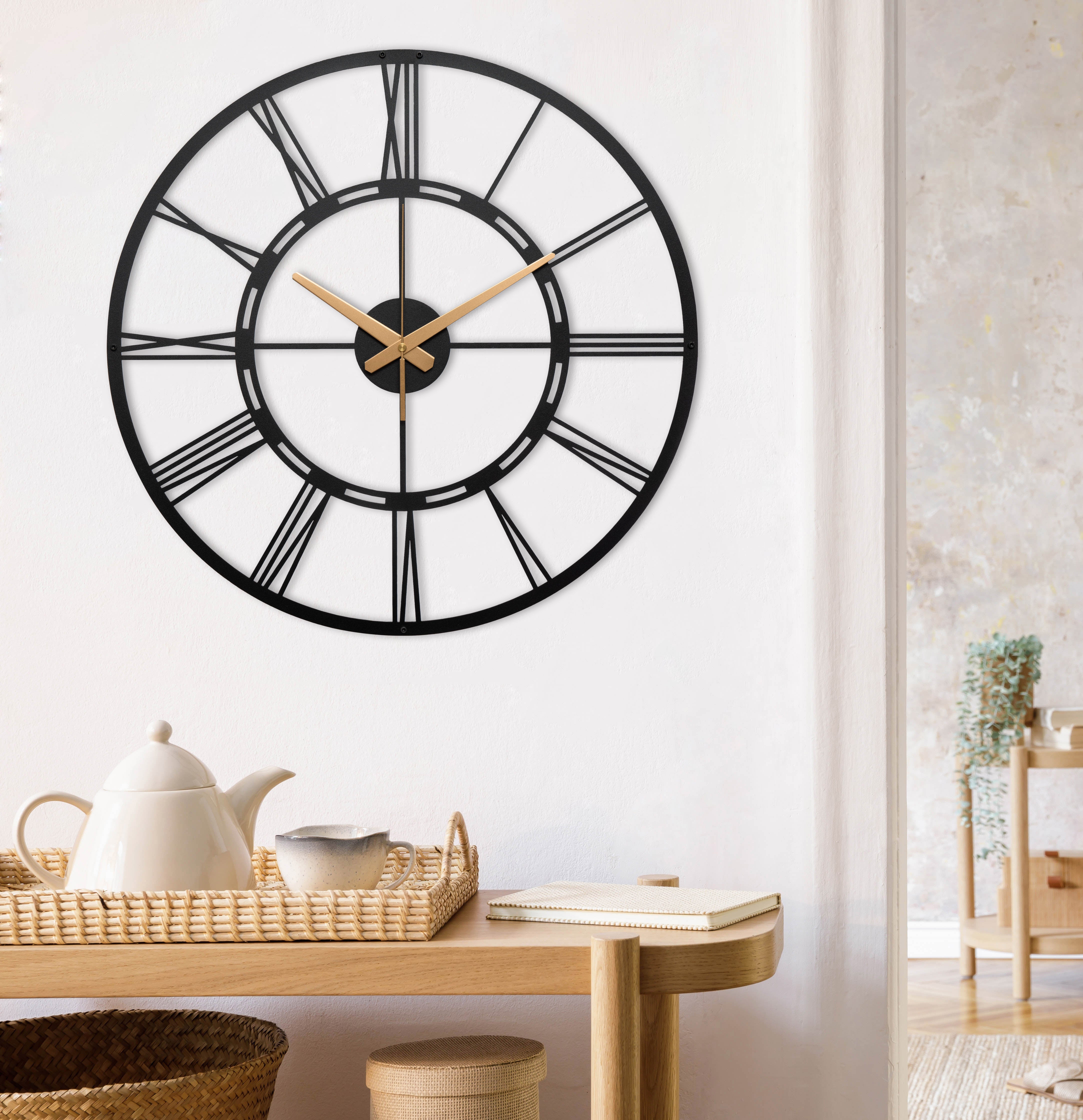Unique Black Metal Wall Clock With White Roman Numbers