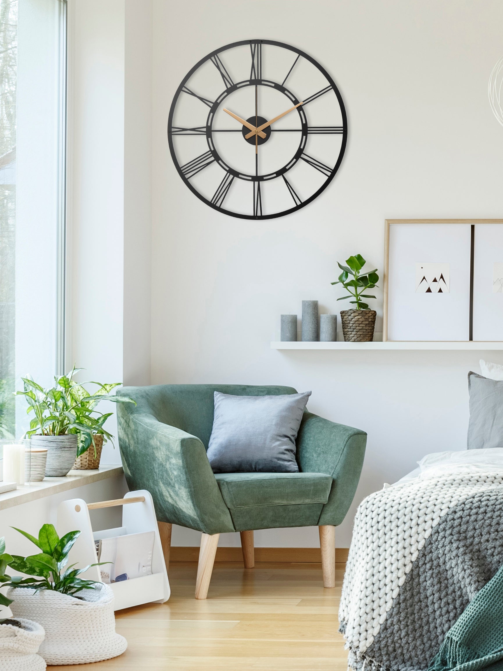 Unique Black Metal Wall Clock With White Roman Numbers