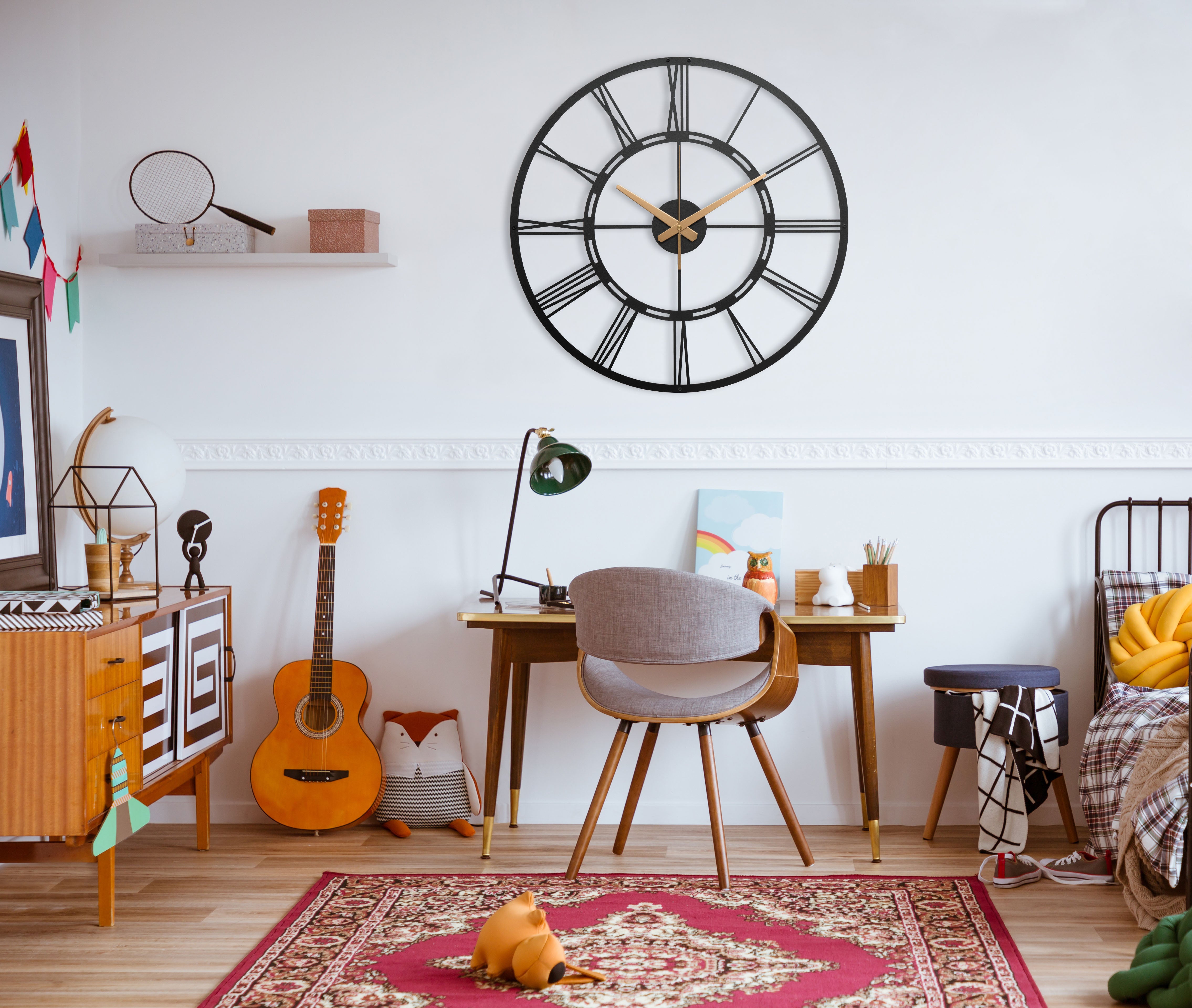 Unique Black Metal Wall Clock With White Roman Numbers