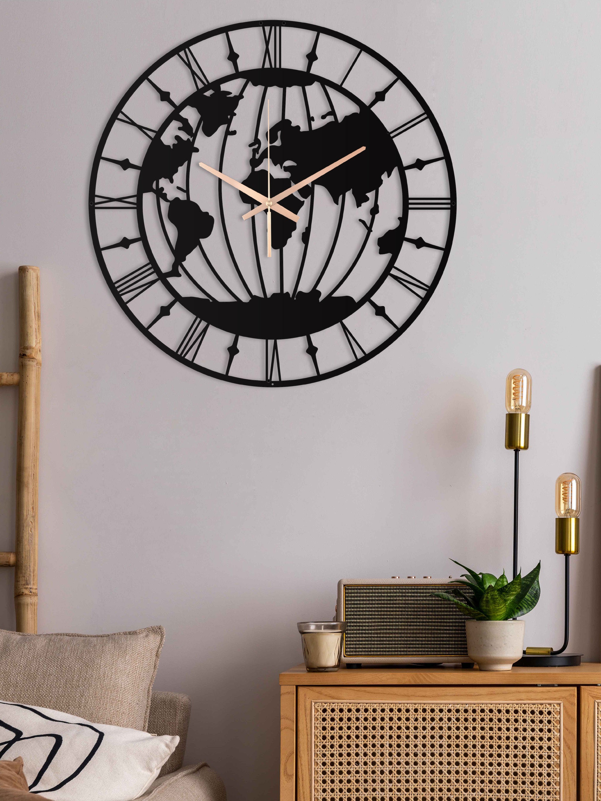 World Map Oversize Wall Clock With Roman Numbers