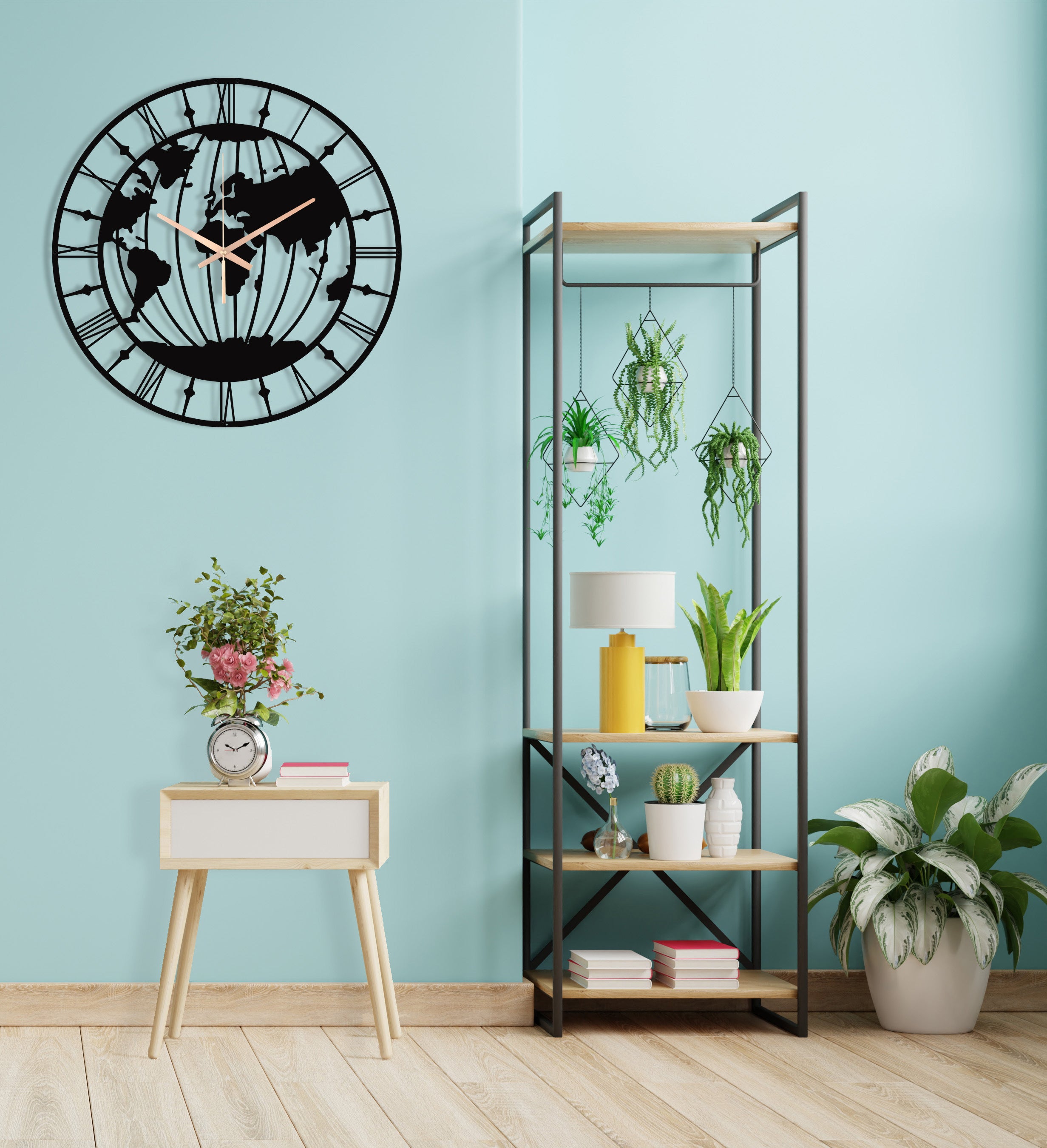 World Map Oversize Wall Clock With Roman Numbers