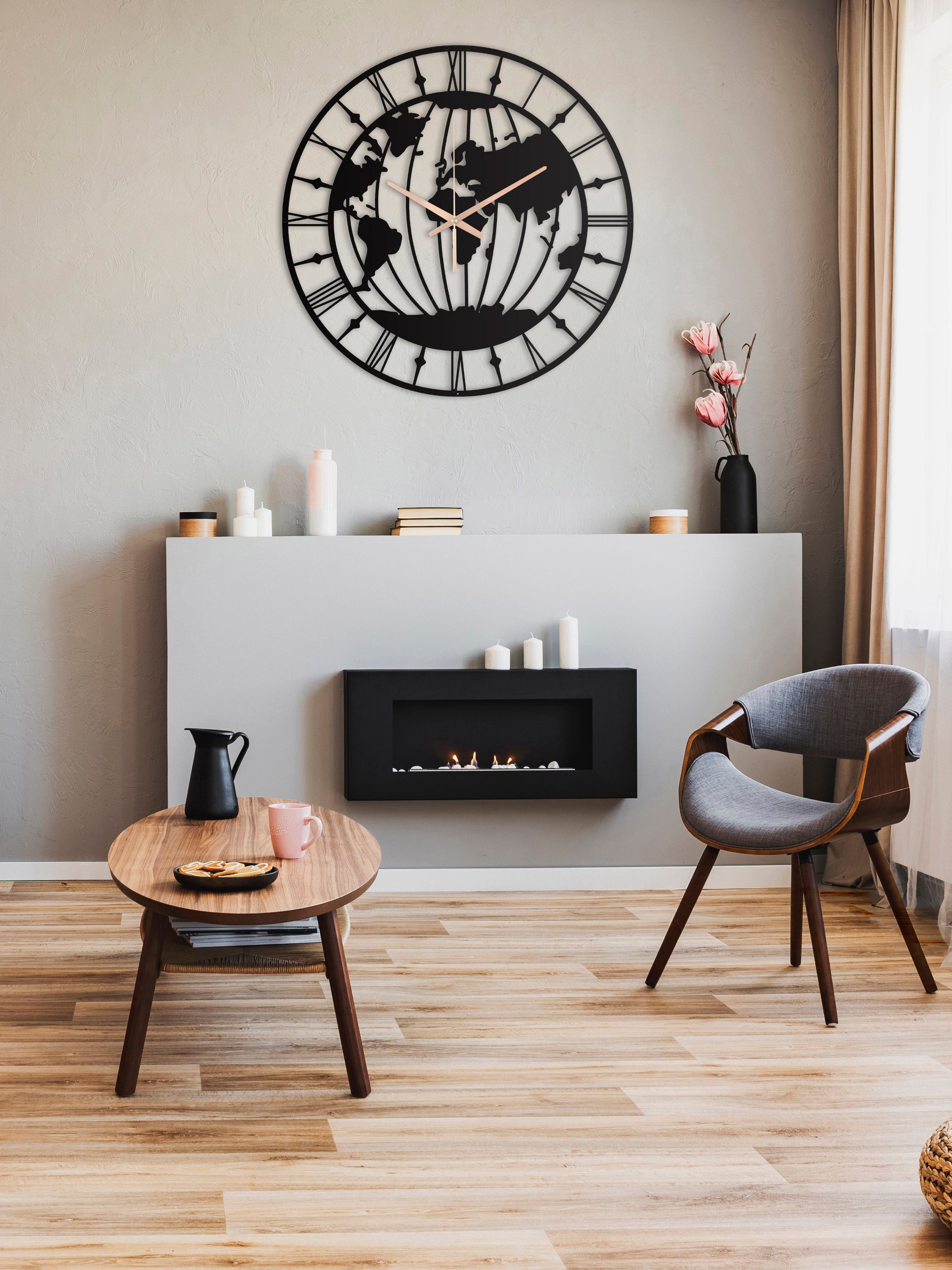 World Map Oversize Wall Clock With Roman Numbers