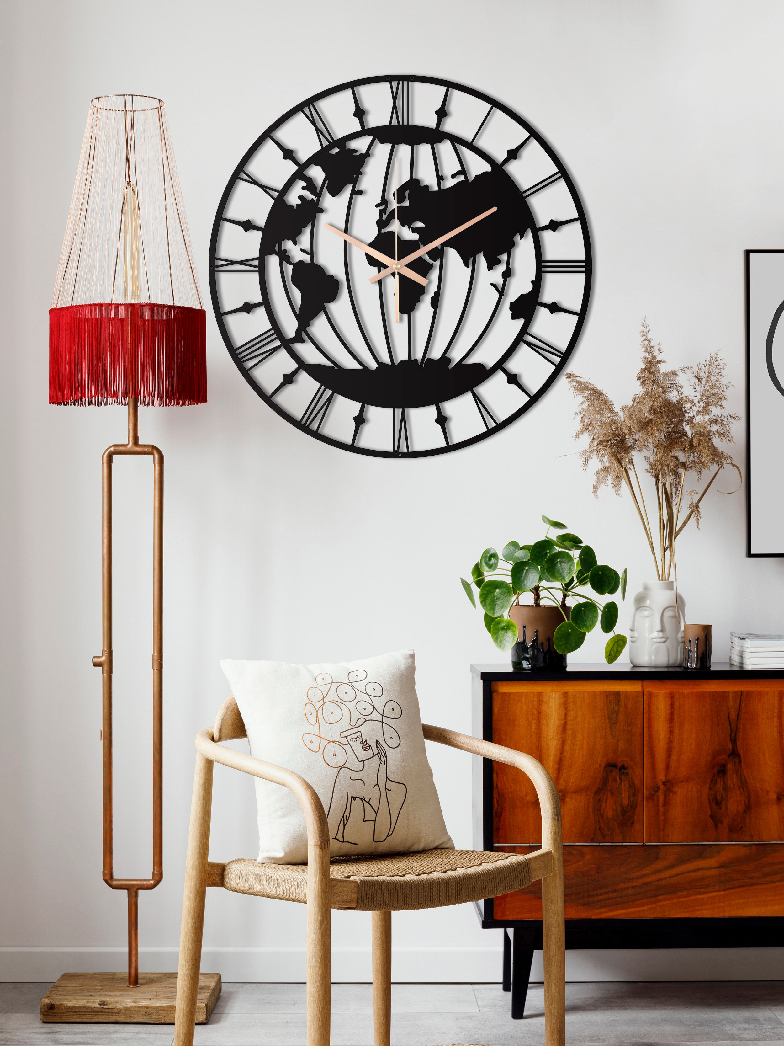 World Map Oversize Wall Clock With Roman Numbers