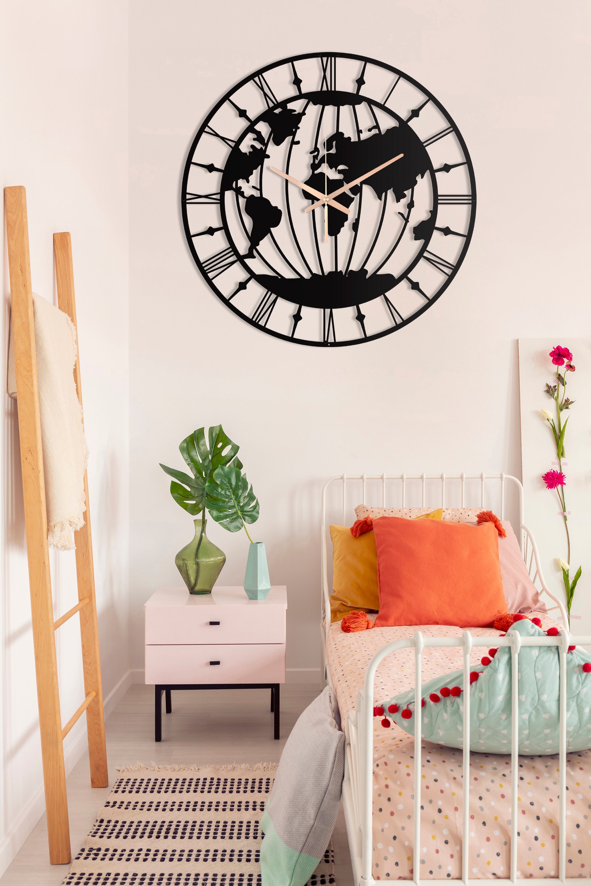 World Map Oversize Wall Clock With Roman Numbers