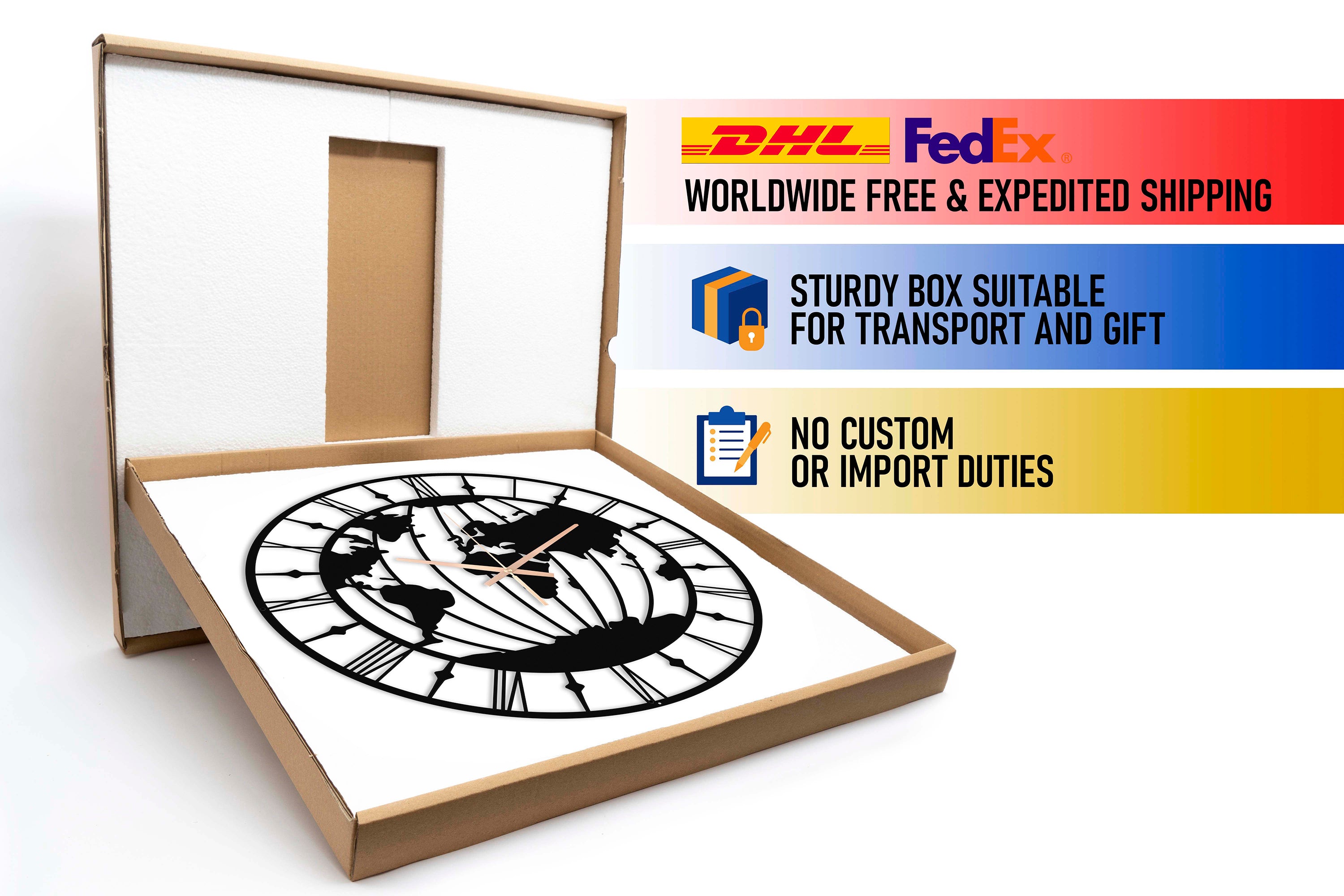 World Map Oversize Wall Clock With Roman Numbers