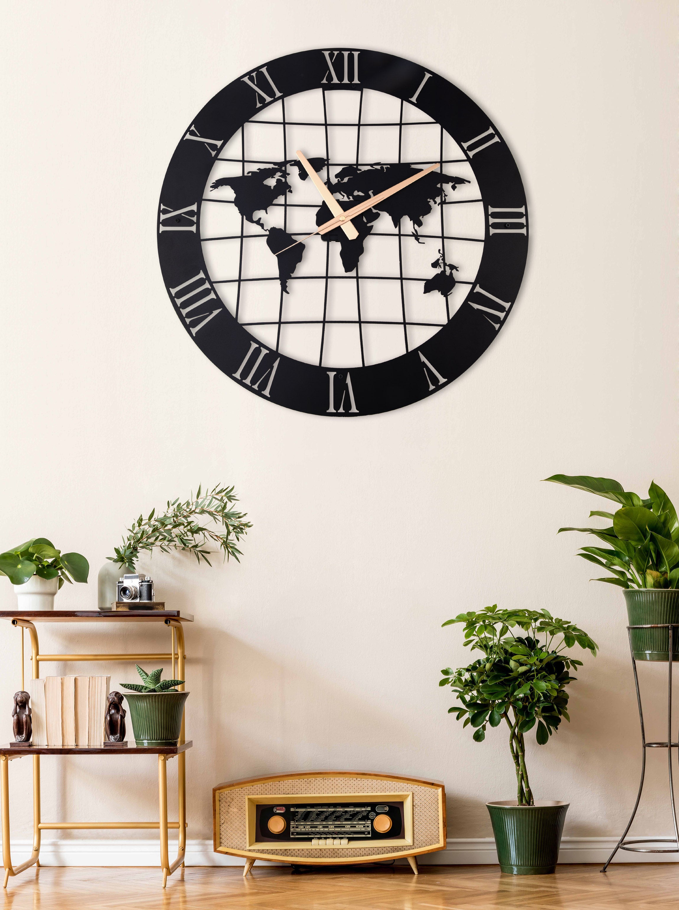 World Map Wall Clock with Roman Numbers