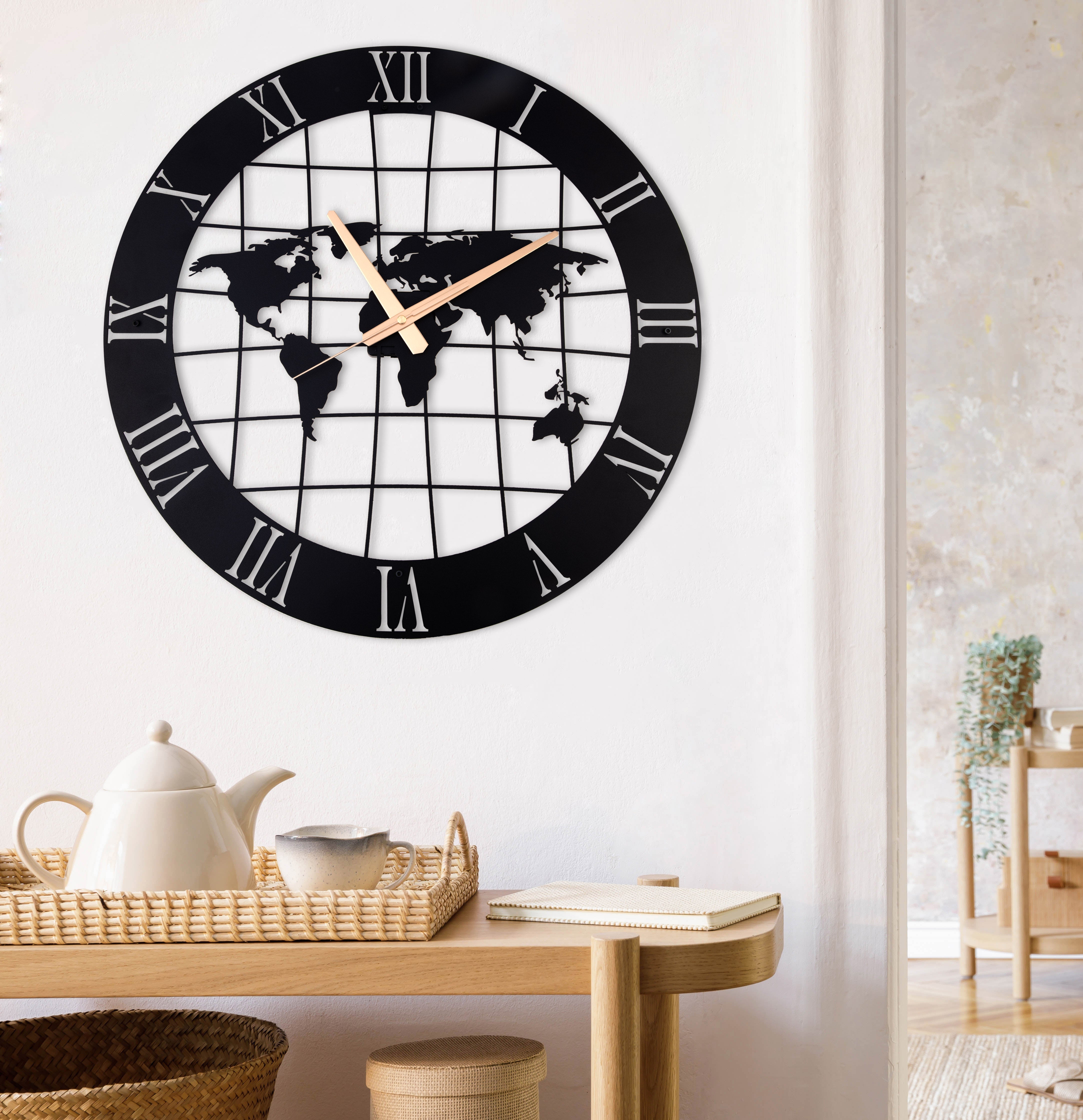 World Map Wall Clock with Roman Numbers