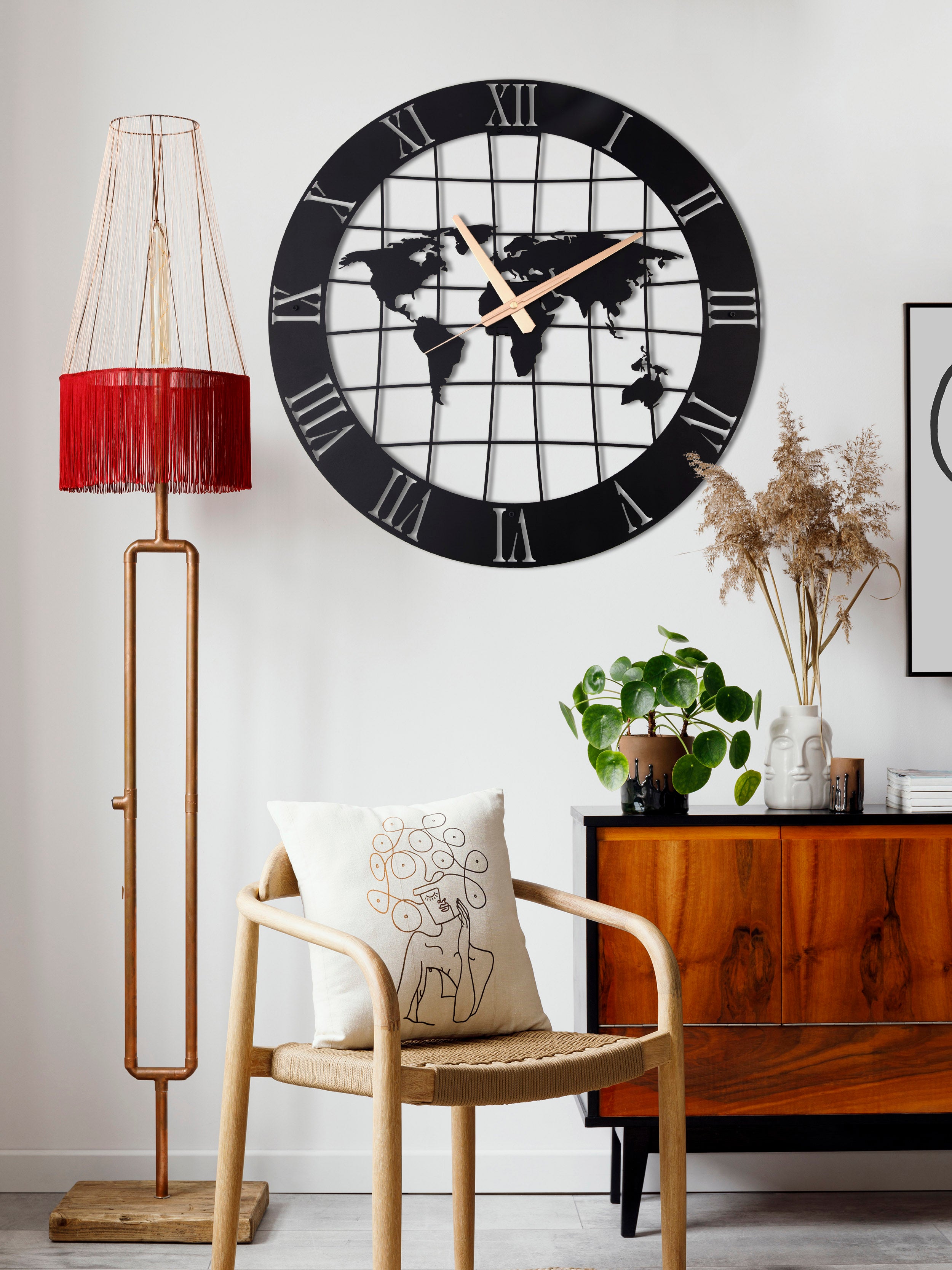 World Map Wall Clock with Roman Numbers