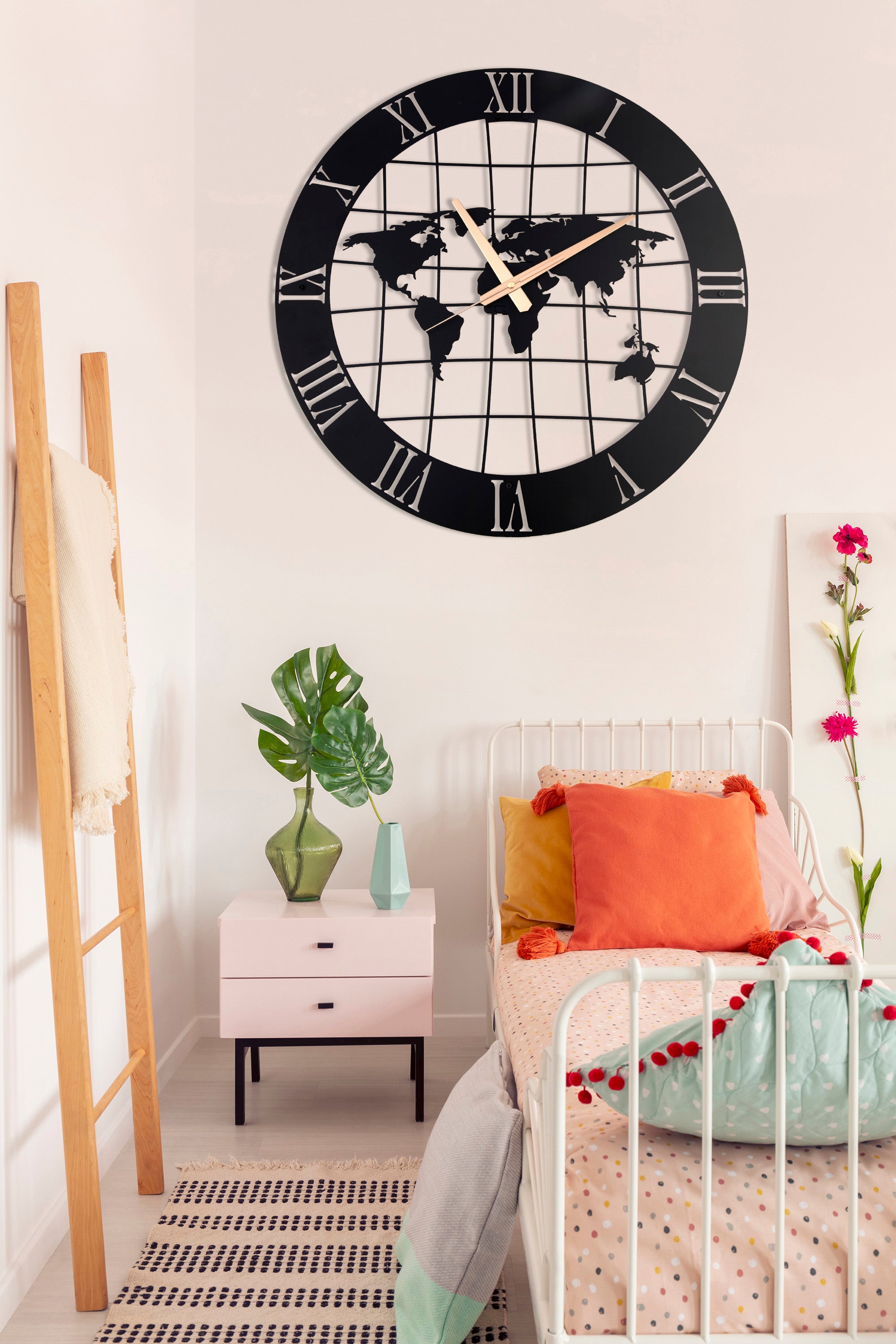 World Map Wall Clock with Roman Numbers