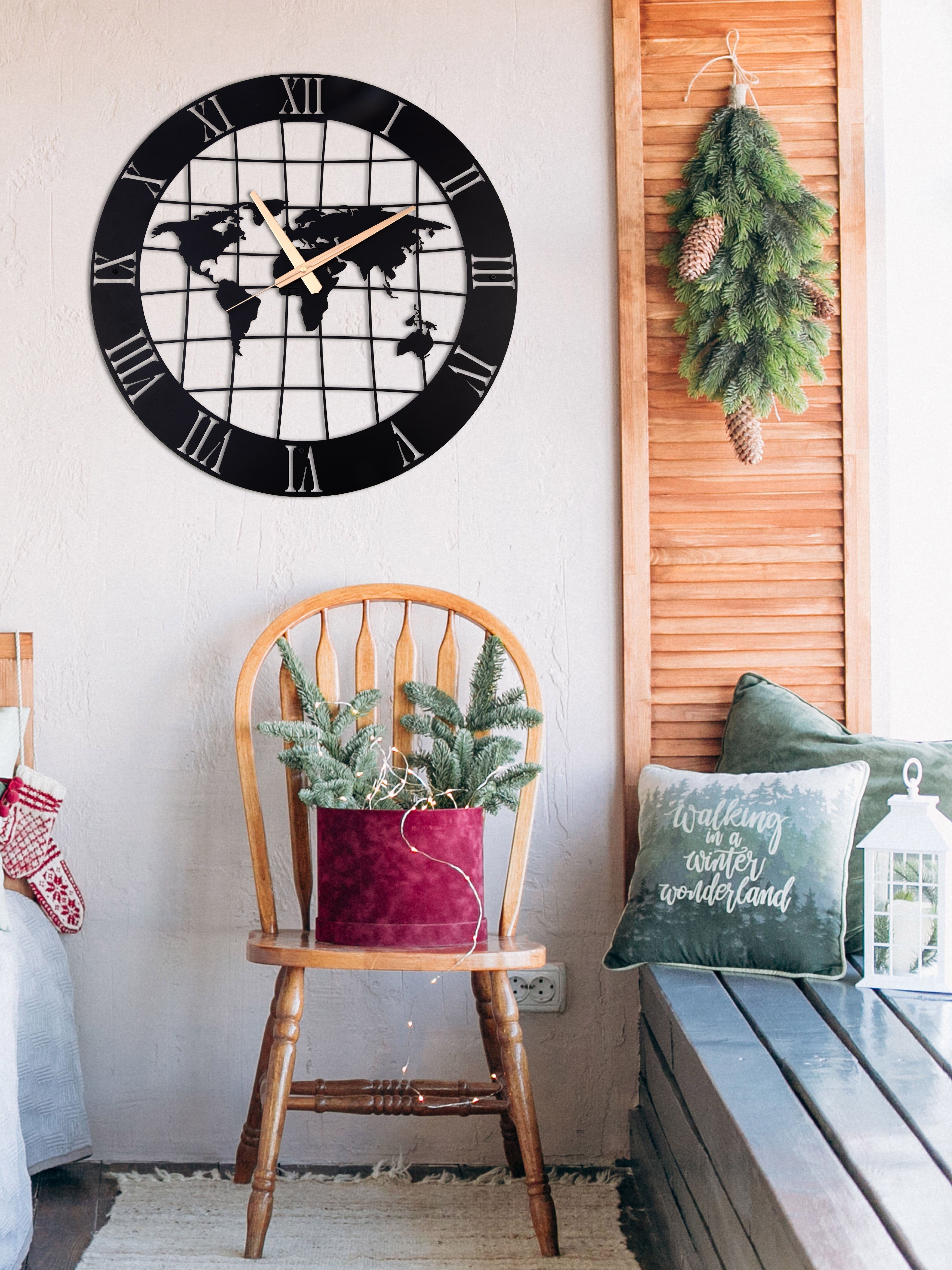 World Map Wall Clock with Roman Numbers