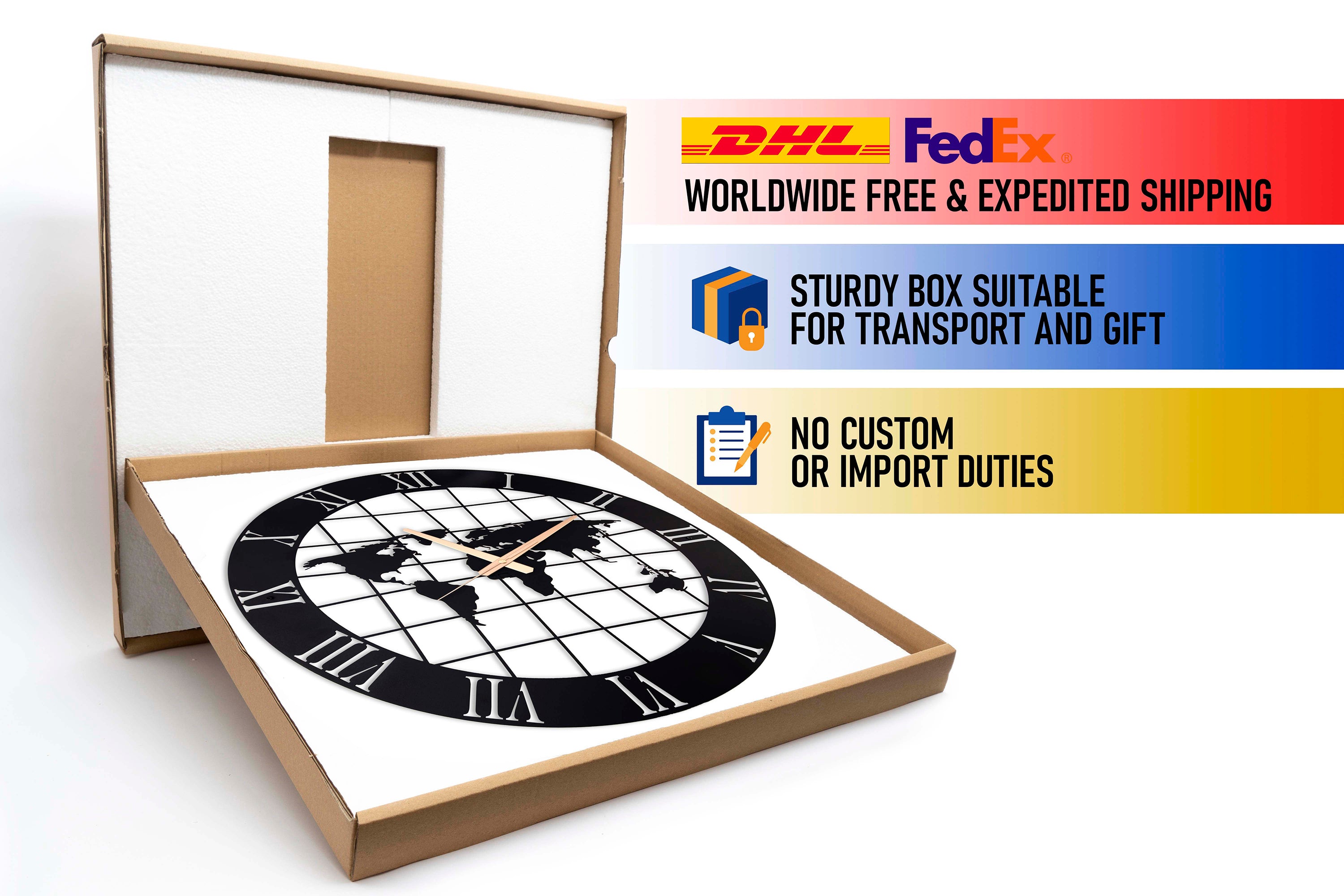 World Map Wall Clock with Roman Numbers