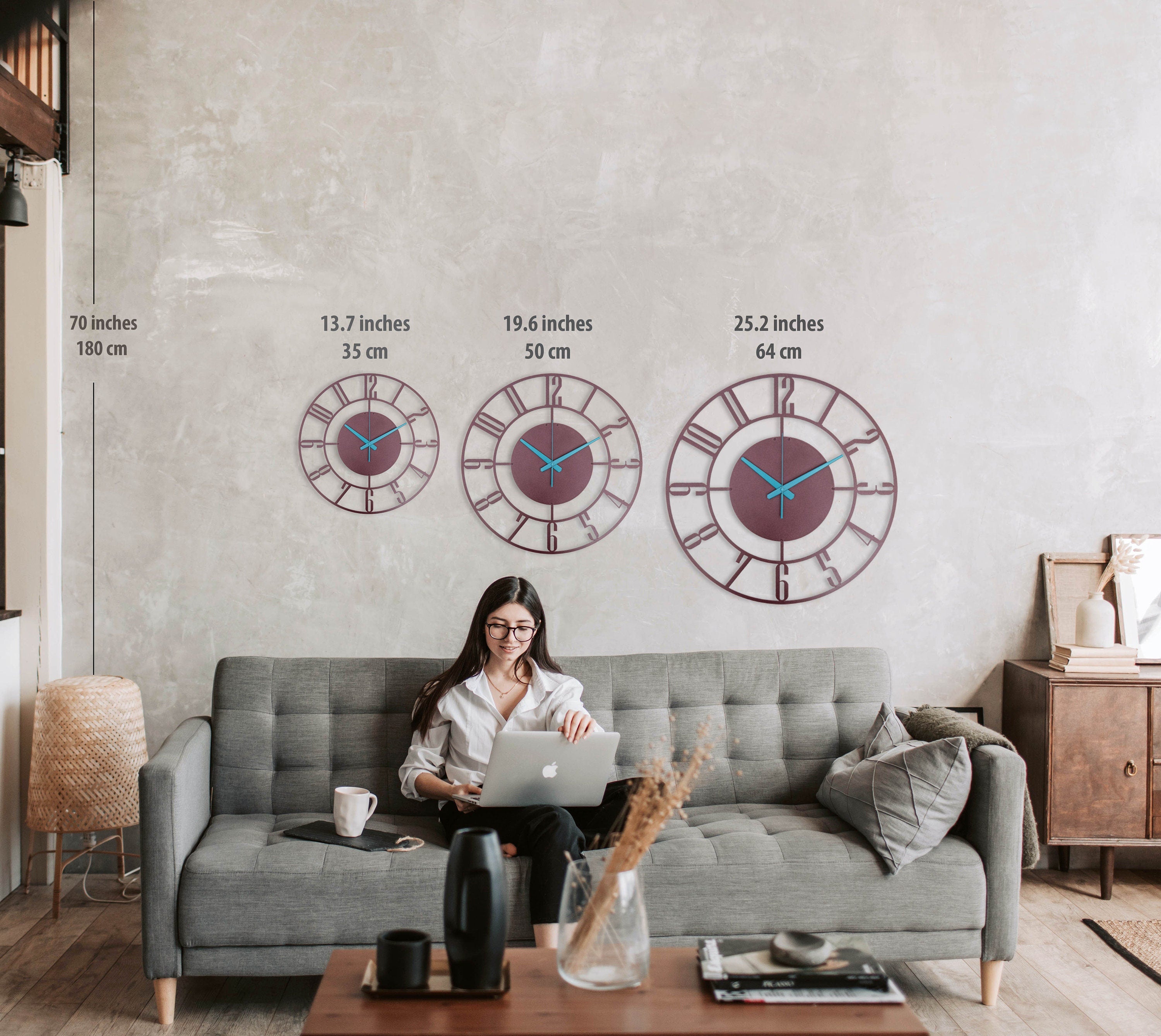 Burgundy Wall Clock, Modern Wall Clock, Silent Small Wall Clock, Unique Wall Clock, Metal Wall Clock, Oversized Wall Clock, Clocks For Wall
