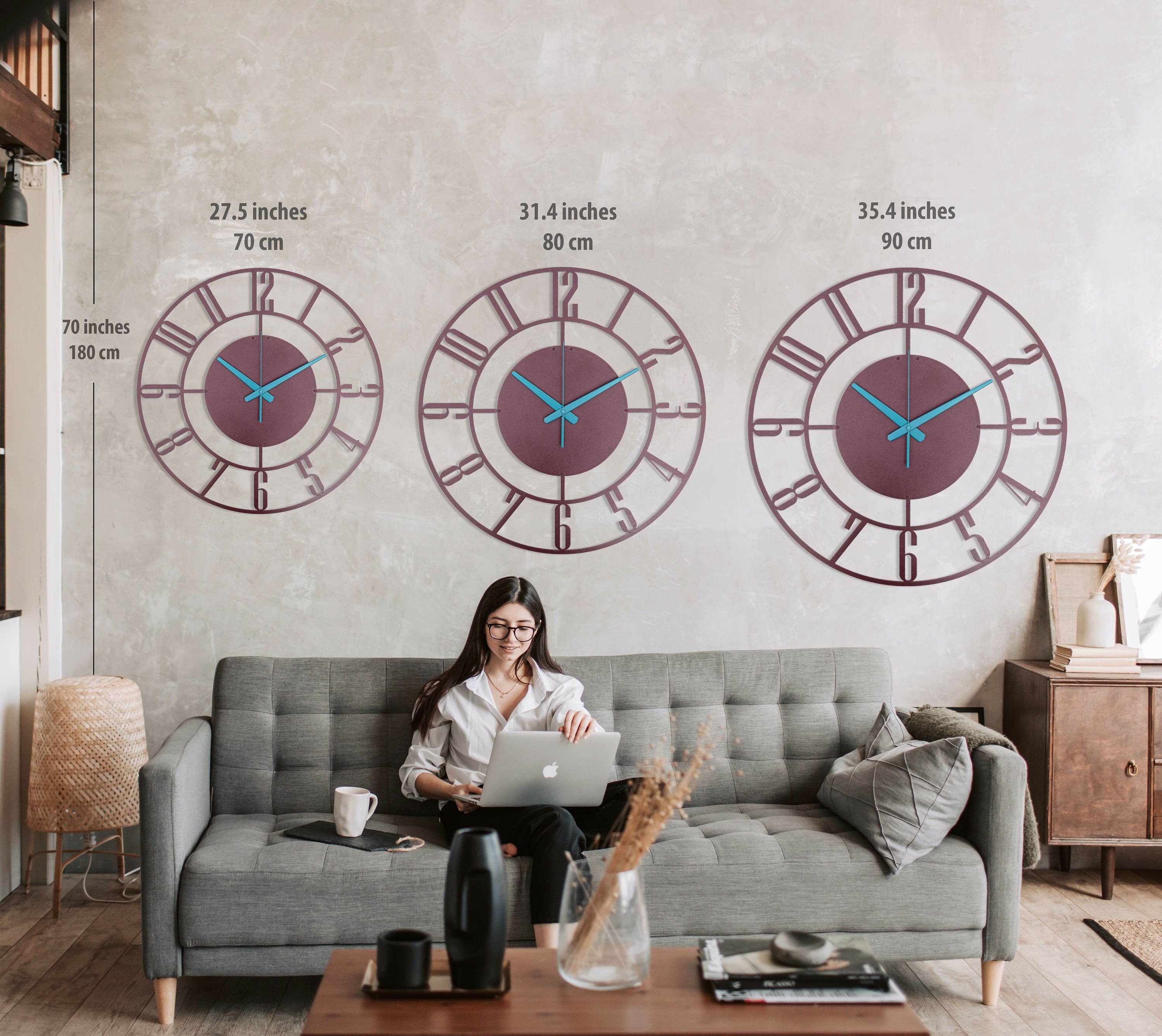 Burgundy Wall Clock, Modern Wall Clock, Silent Small Wall Clock, Unique Wall Clock, Metal Wall Clock, Oversized Wall Clock, Clocks For Wall