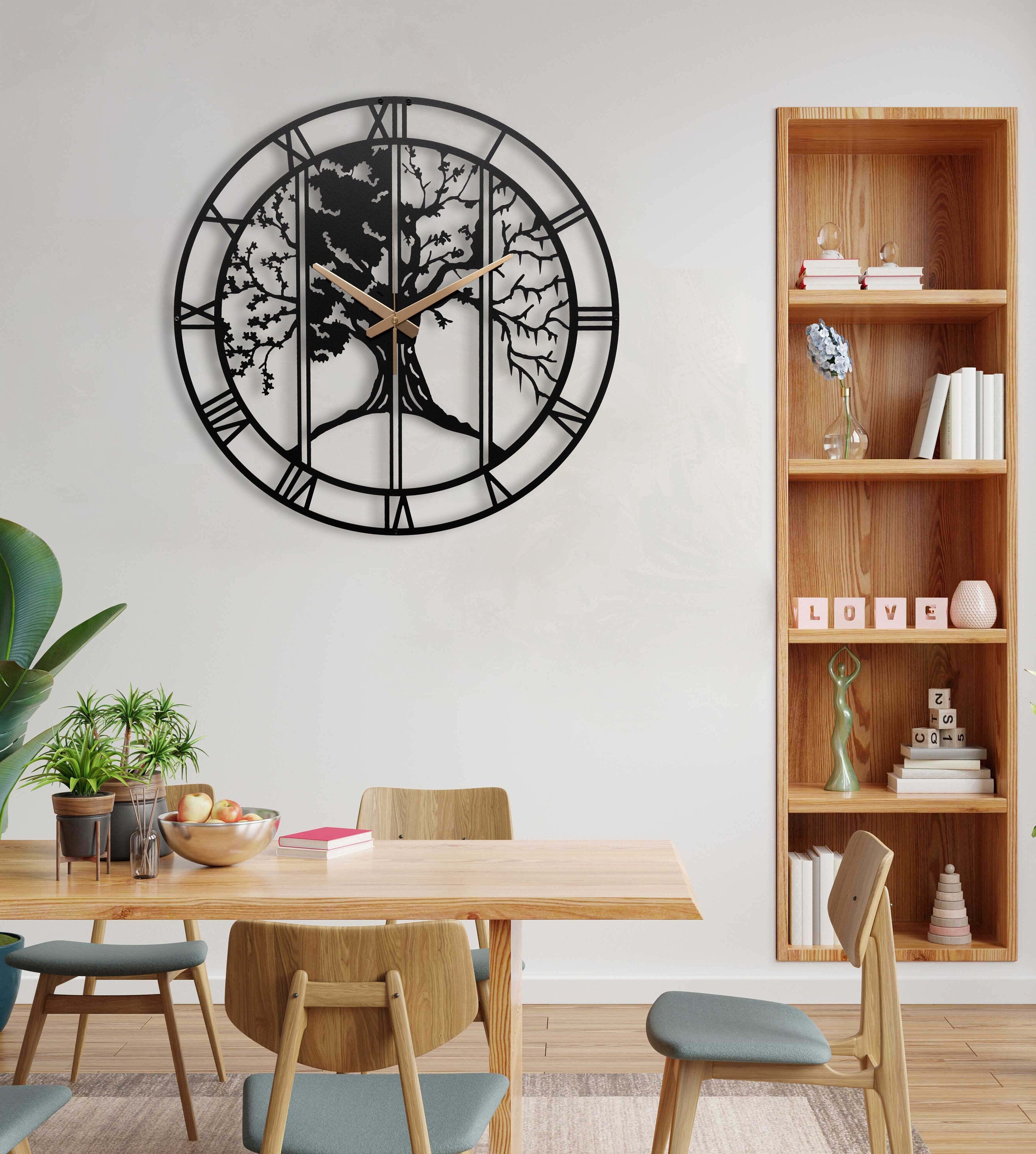Four Season Tree Wall Clock, Unique Wall Clock, Retro Wall Clock, Boho Wall Clock, Roman Numerals Clock, Black Wall Clock, Small Wall Clock