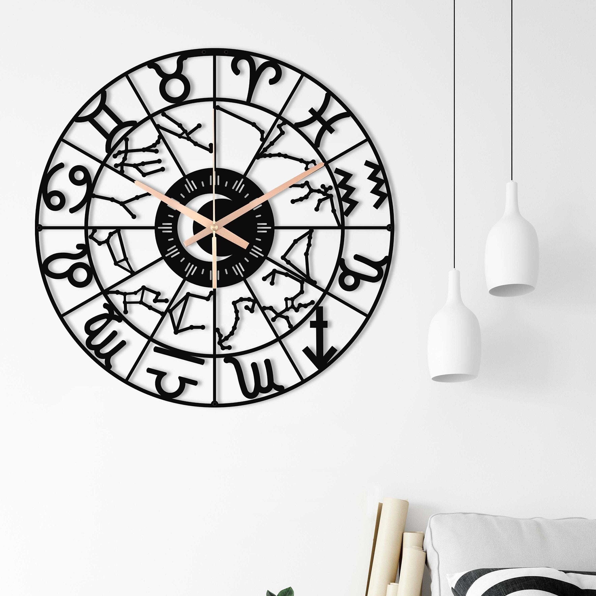 Large Horoscope Clock, Modern Wall Clock, Black Wall Clock, Silent Wall Clock, Unique Wall Clock, Oversized Wall Clock, Clocks For Wall