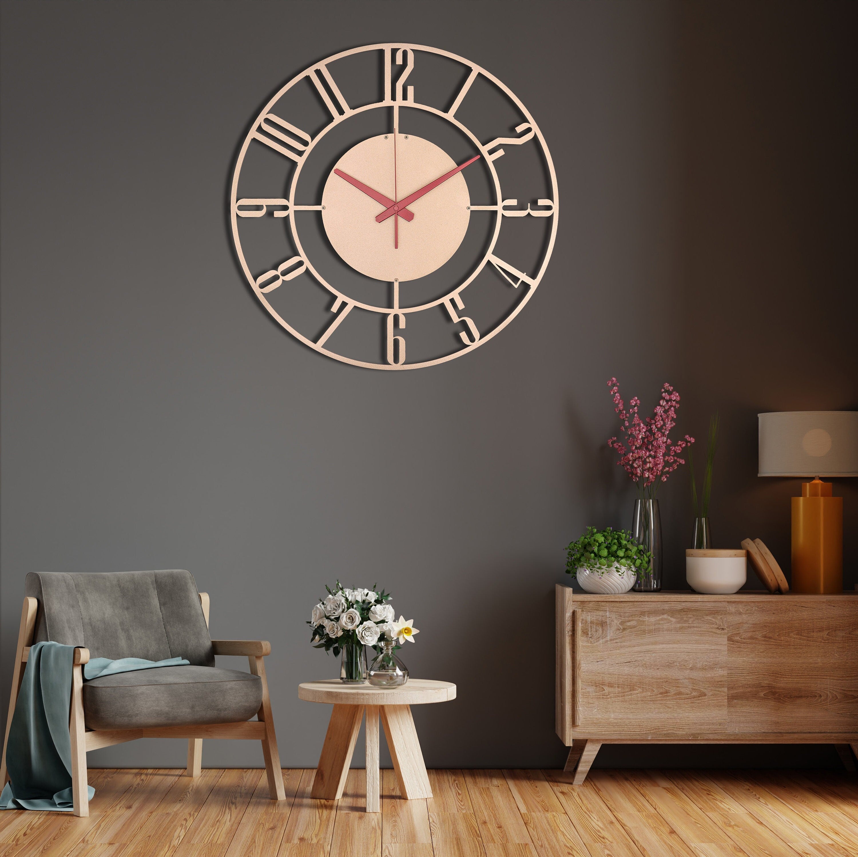 Soft Copper Wall Clock, Modern Wall Clock, Large Wall Clock, Unique Wall Clock, Silent Decorative Clock, Small Wall Clock, Laser Cut Clock