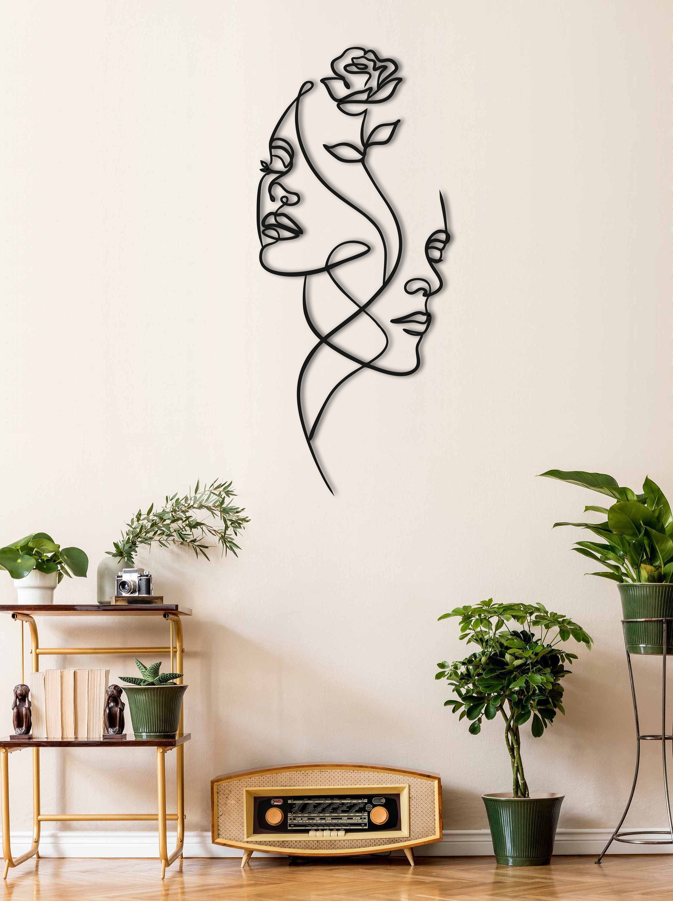 Minimalist Flowers Decor, Minimalist Woman Face Art, Metal Living Room Wall Art, Oversized Room Wall Decor, Metal Wall Decor