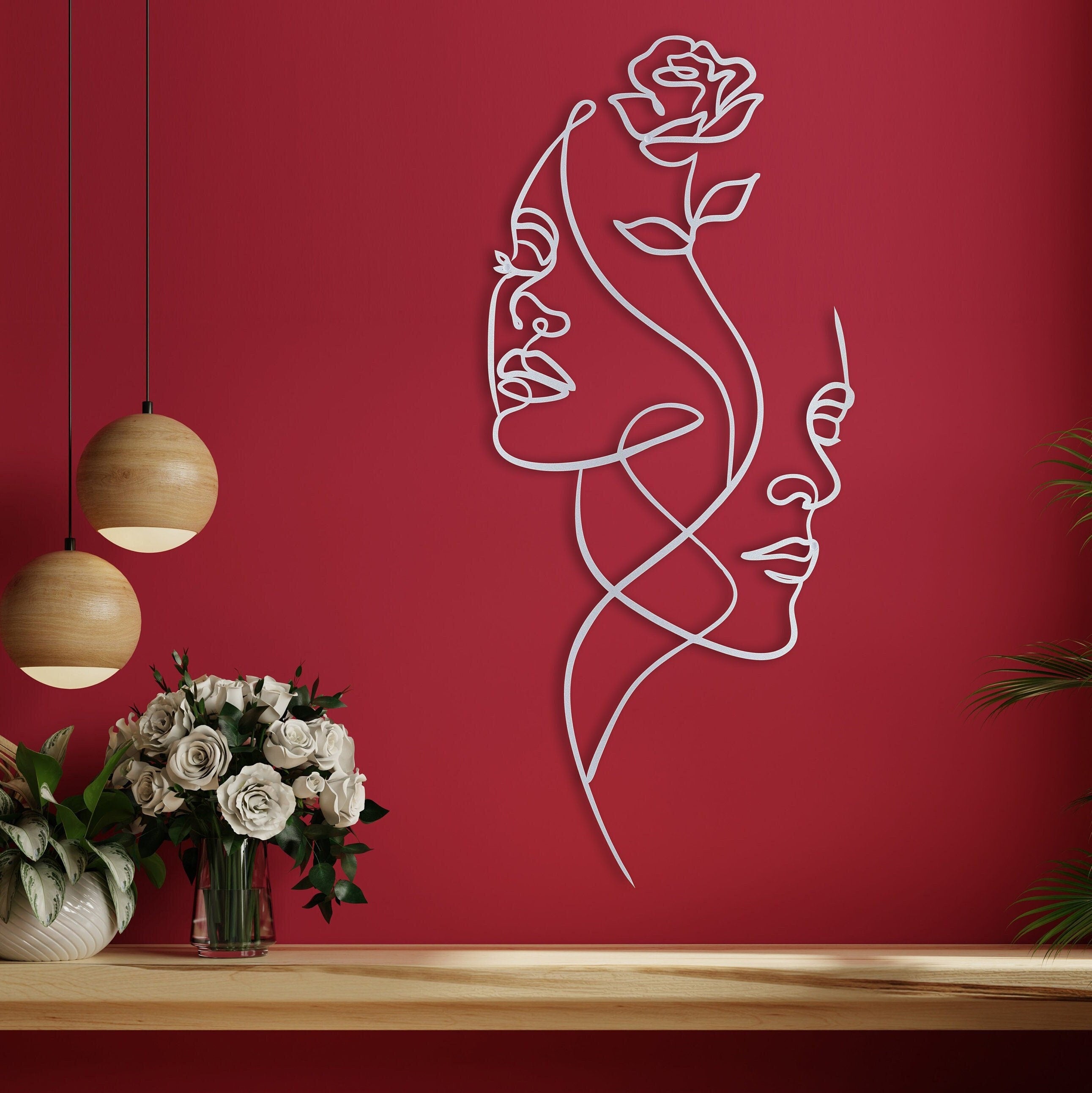 Minimalist Flowers Decor, Minimalist Woman Face Art, Metal Living Room Wall Art, Oversized Room Wall Decor, Metal Wall Decor