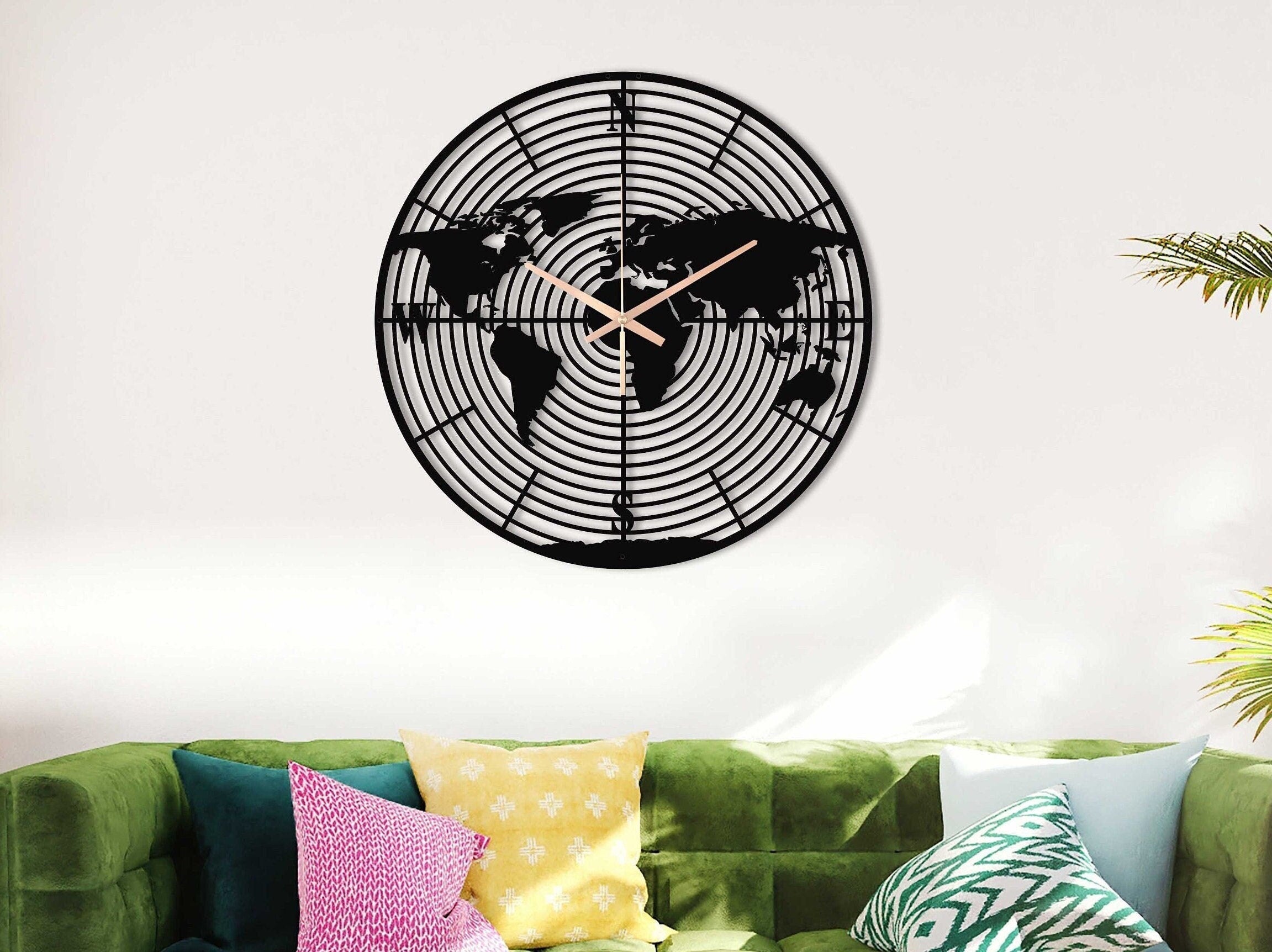World Map Wall Clock,  Oversized Wall Clock, Metal Wall Clock, Unique Wall Clock, Large Wall Clock, Small Farmhouse Clock, Laser Cut Clock