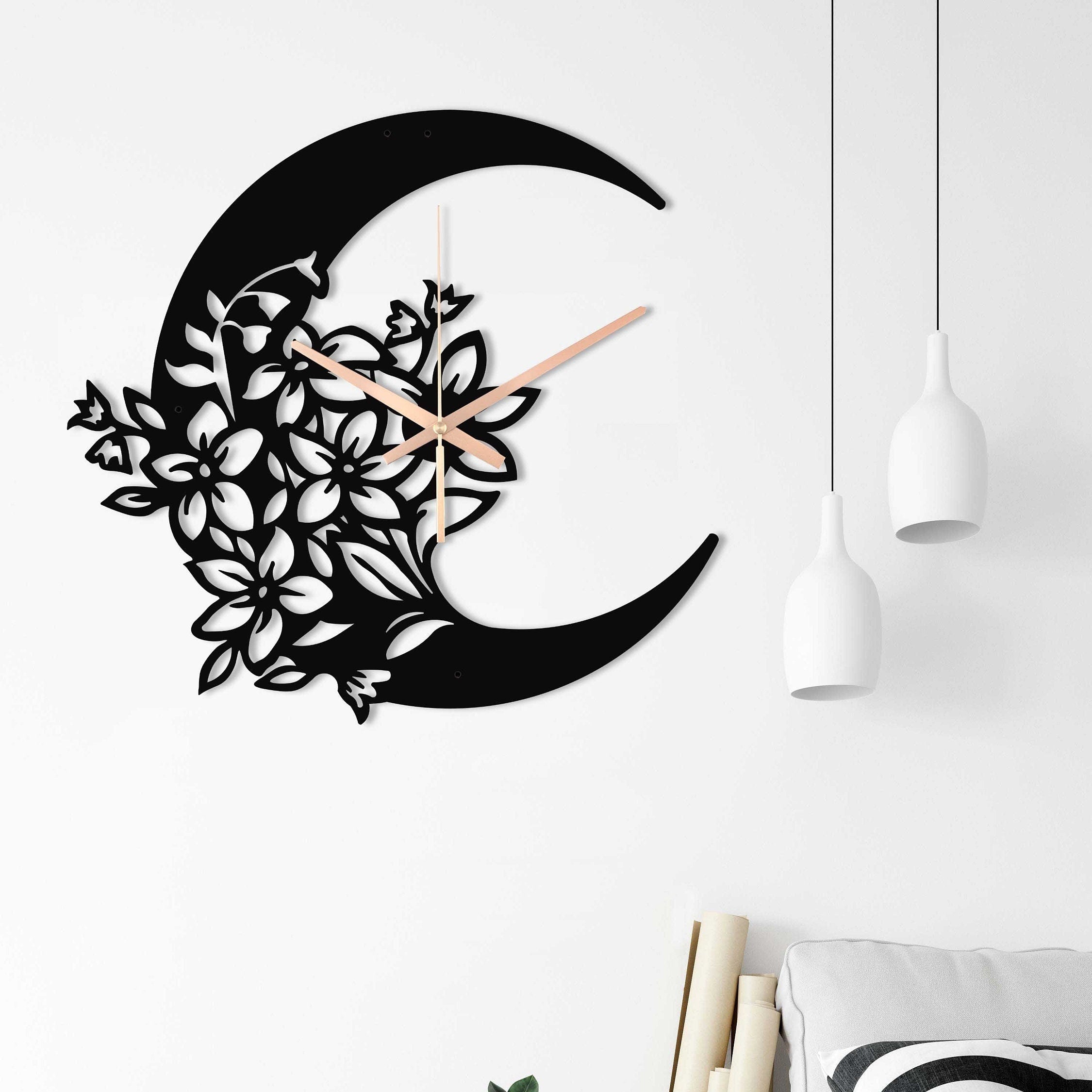 Moon Flowers Clock, Oversized Wall Clock, Modern Small Wall Clock, Large Silent Flowers Wall Clock, Home Decor And Gifts, Laser Cut Clock