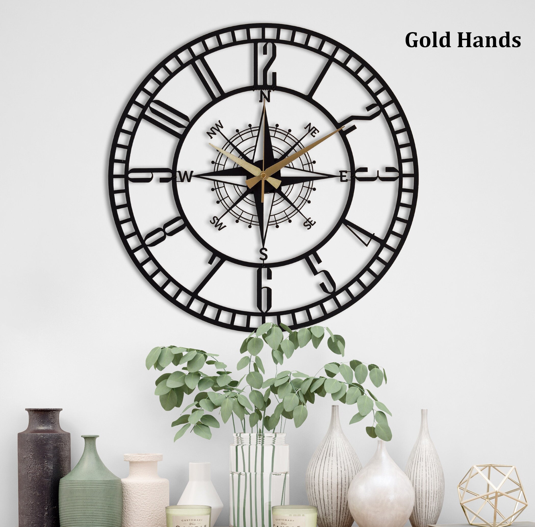 Wall Clock, Compass Silent Metal Wall Clock ,Nautical Wall Clock, Contemporary Wall Clock With Numbers, Unique Wall Clock, Laser Cut Clock