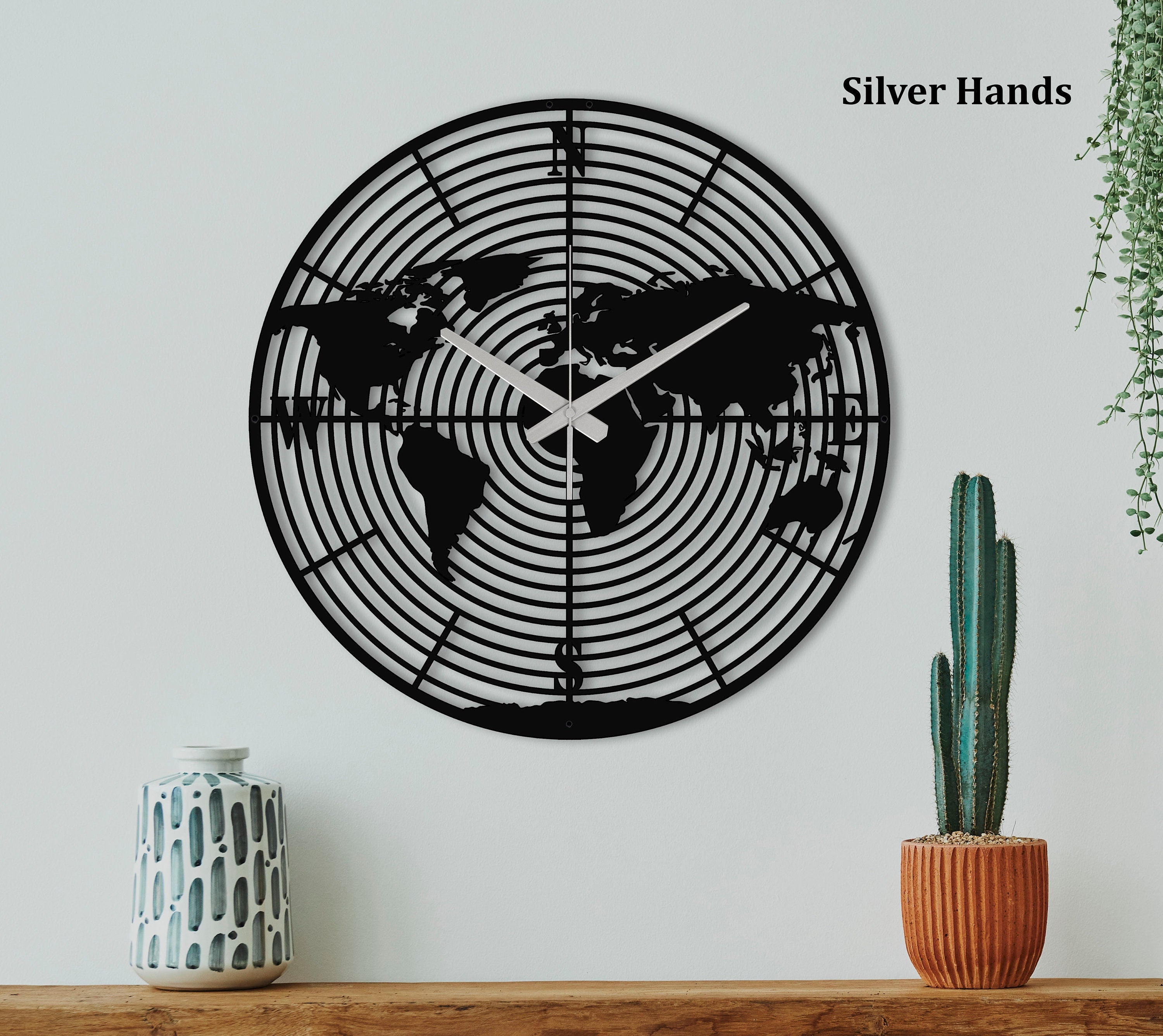 World Map Wall Clock,  Oversized Wall Clock, Metal Wall Clock, Unique Wall Clock, Large Wall Clock, Small Farmhouse Clock, Laser Cut Clock
