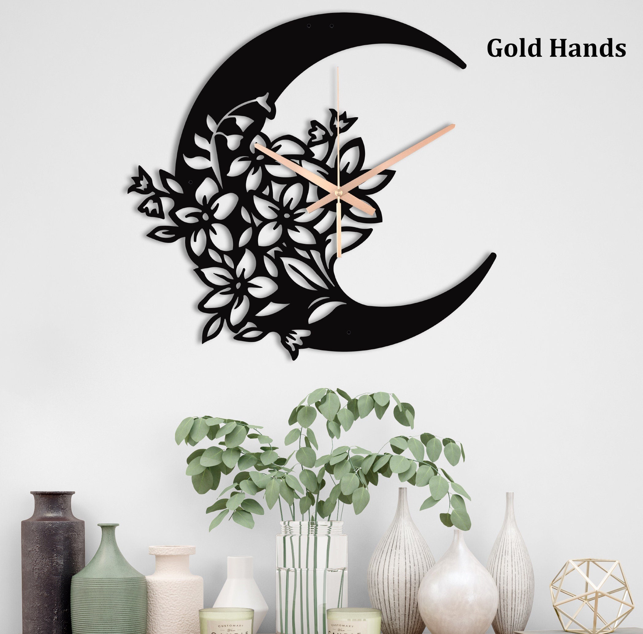 Moon Flowers Clock, Oversized Wall Clock, Modern Small Wall Clock, Large Silent Flowers Wall Clock, Home Decor And Gifts, Laser Cut Clock