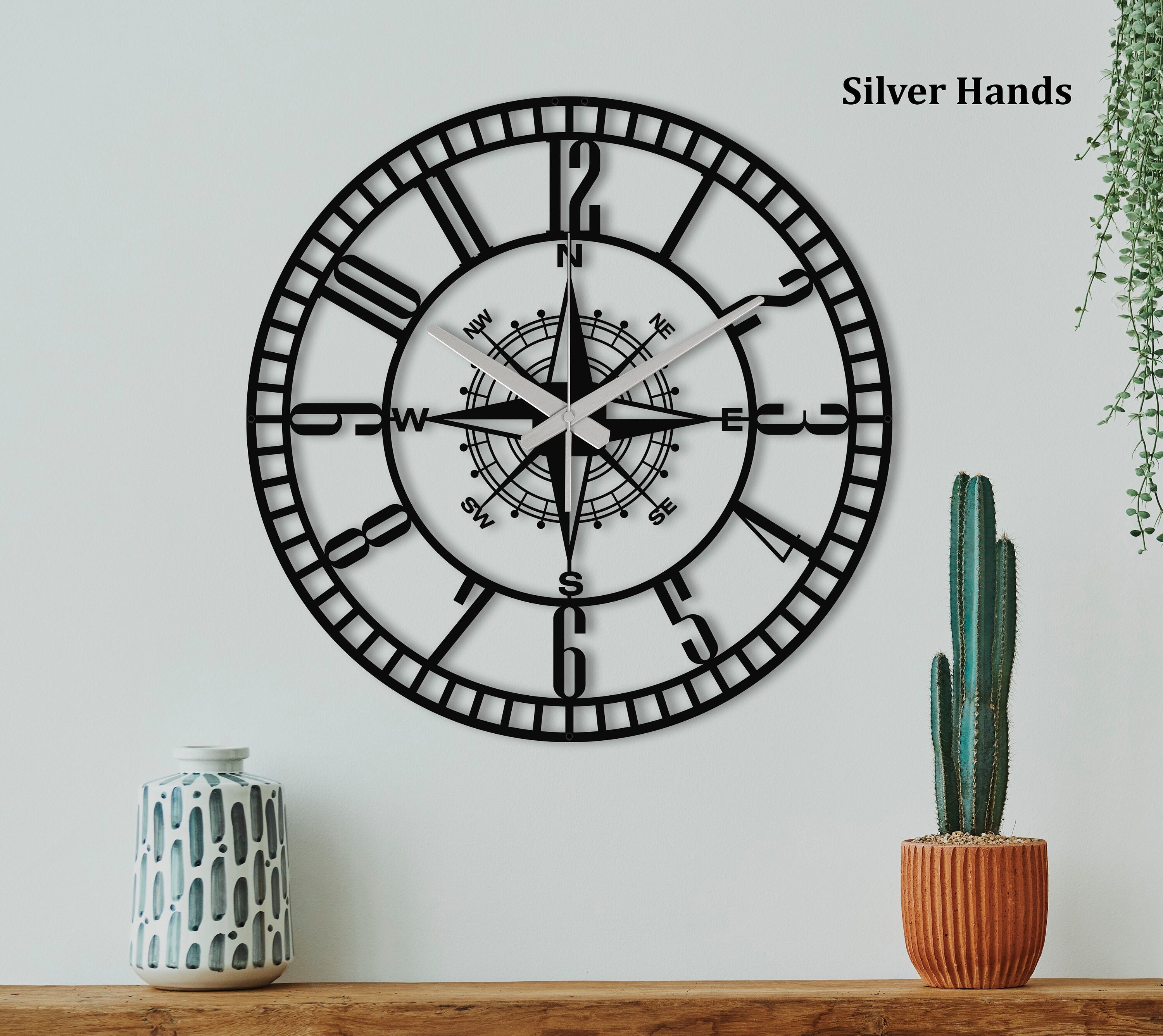 Wall Clock, Compass Silent Metal Wall Clock ,Nautical Wall Clock, Contemporary Wall Clock With Numbers, Unique Wall Clock, Laser Cut Clock
