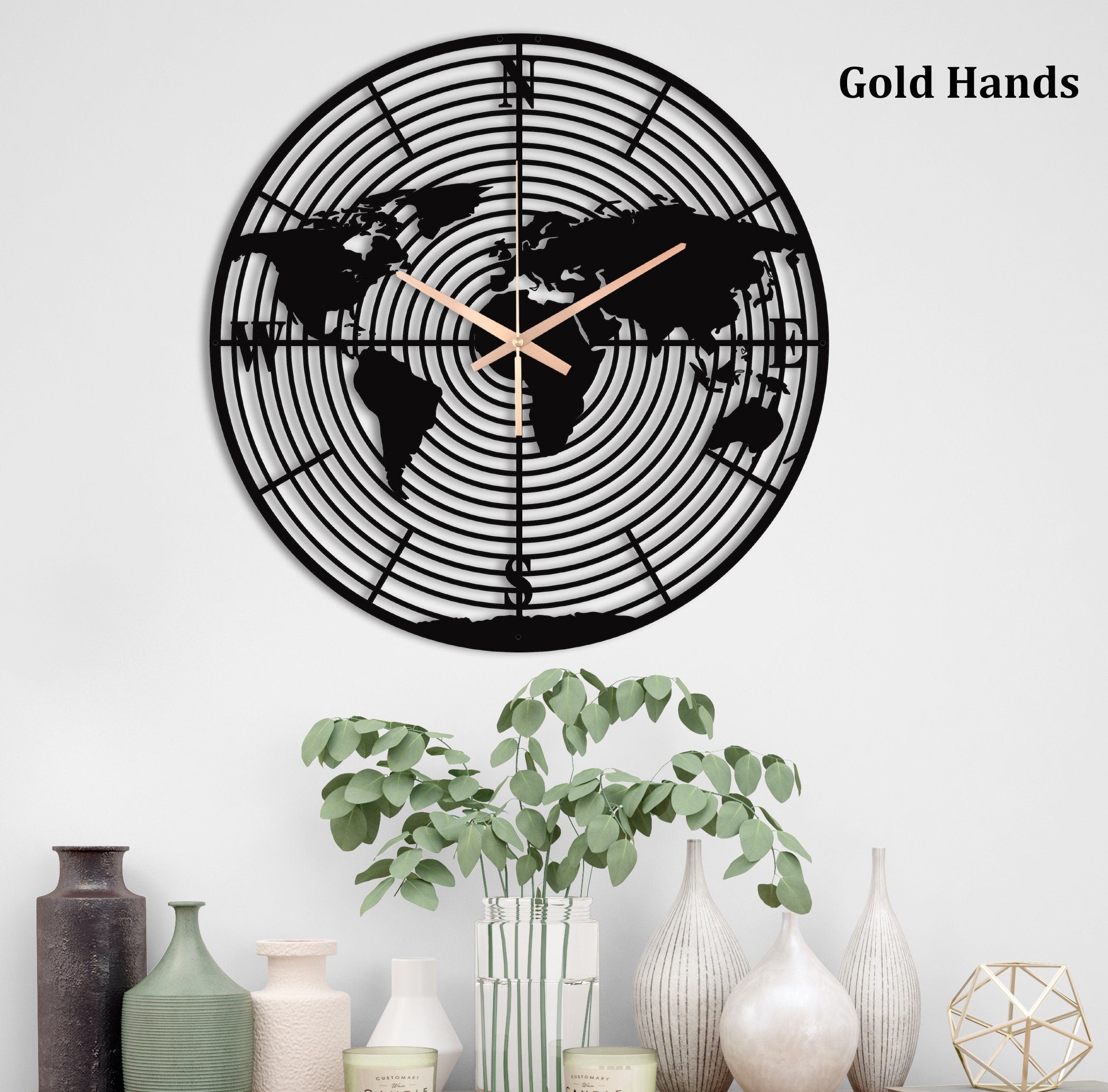World Map Wall Clock,  Oversized Wall Clock, Metal Wall Clock, Unique Wall Clock, Large Wall Clock, Small Farmhouse Clock, Laser Cut Clock
