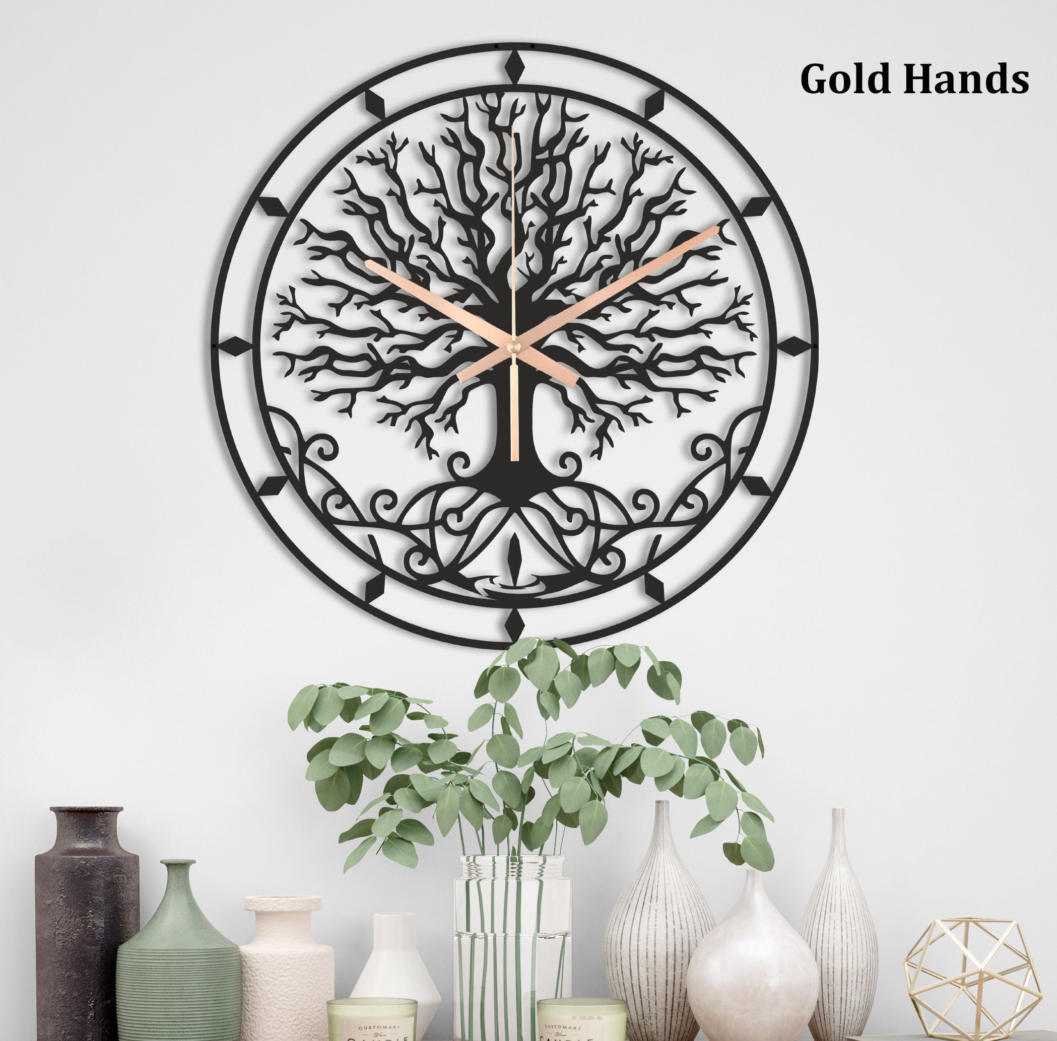 Tree Of Life Clock, Unique Wall Clock, Oversized Wall Clock, Small Metal Wall Clock, Black Wall Clock, Large Mantel Clock, Laser Cut Clock