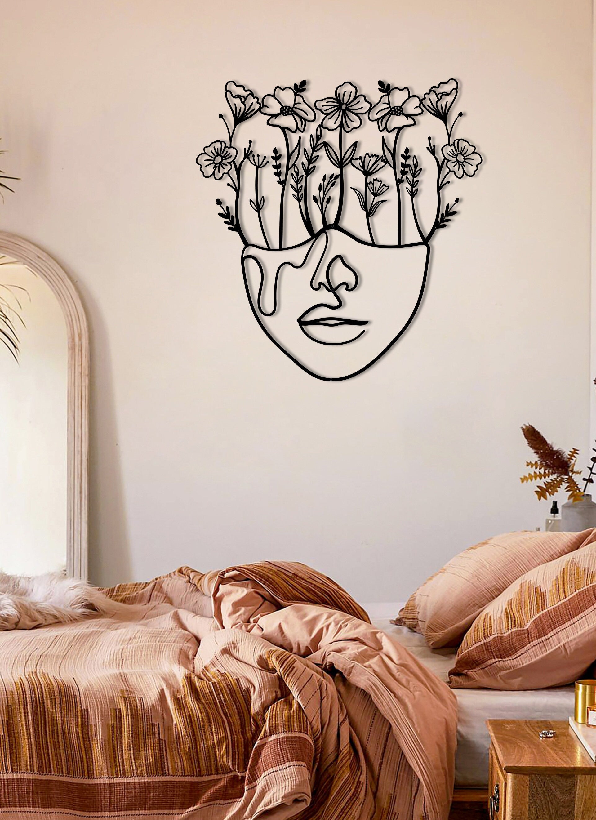 Minimalist Woman Face Decor, Minimalist Flowers Art, Oversized Room Decor, Farmhouse Decor, Metal Wall Decor, Officiant Gift