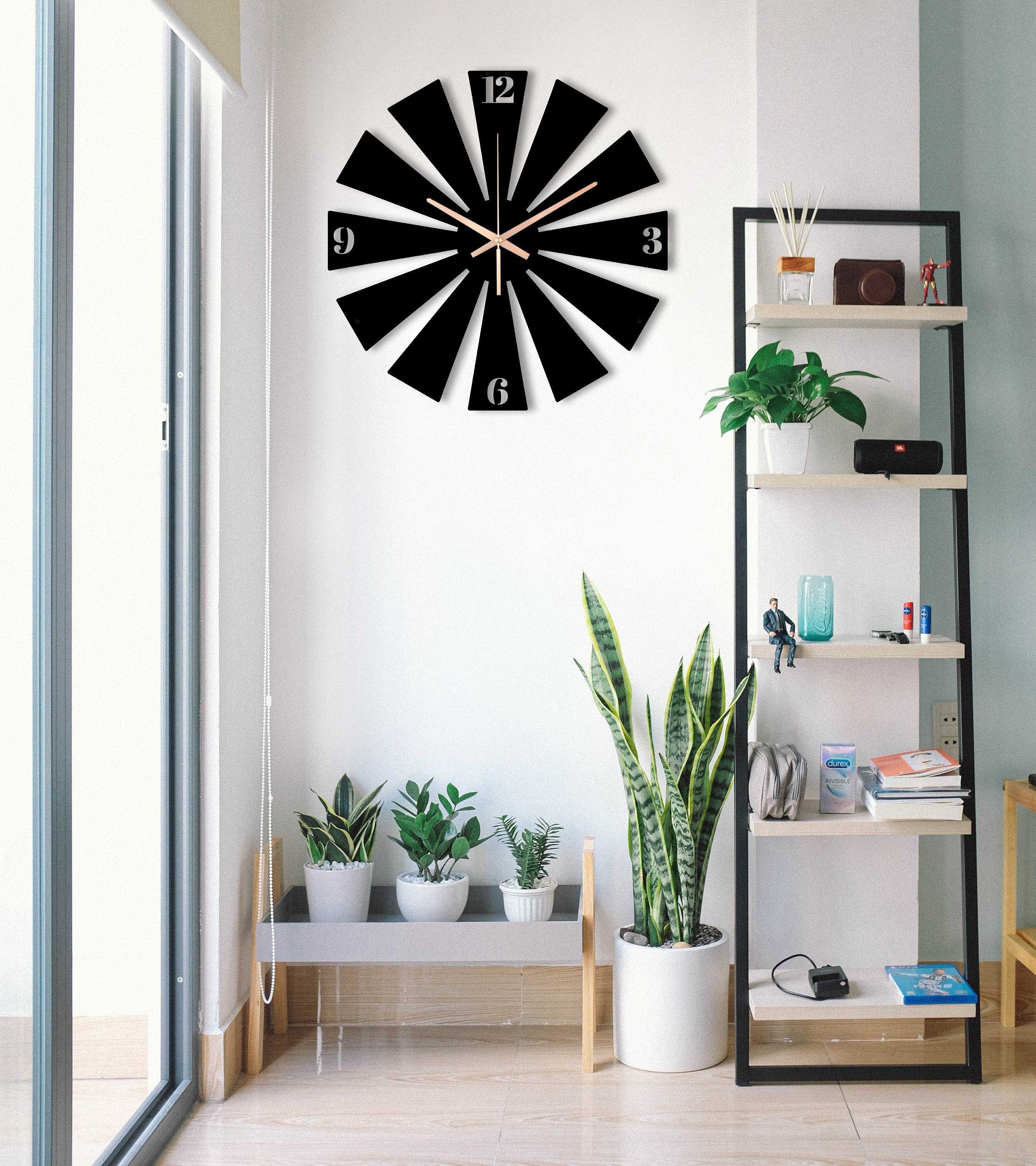 Wind Rose Clock, Oversized Wall Clock, Unique Wall Clock, Black Wall Clock, Small Game Room Clock, Sunburst Wall Clock, Laser Cut Clock