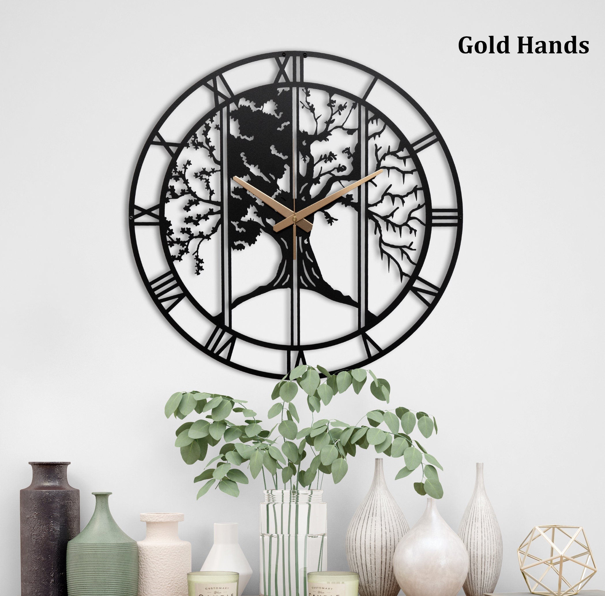 Tree Wall Clock, Large Tree Wall Clock, Black Tree Wall Clock, Small Metal Black Roman Numerals Wall Clock Farmhouse Waterproof Wall Clock