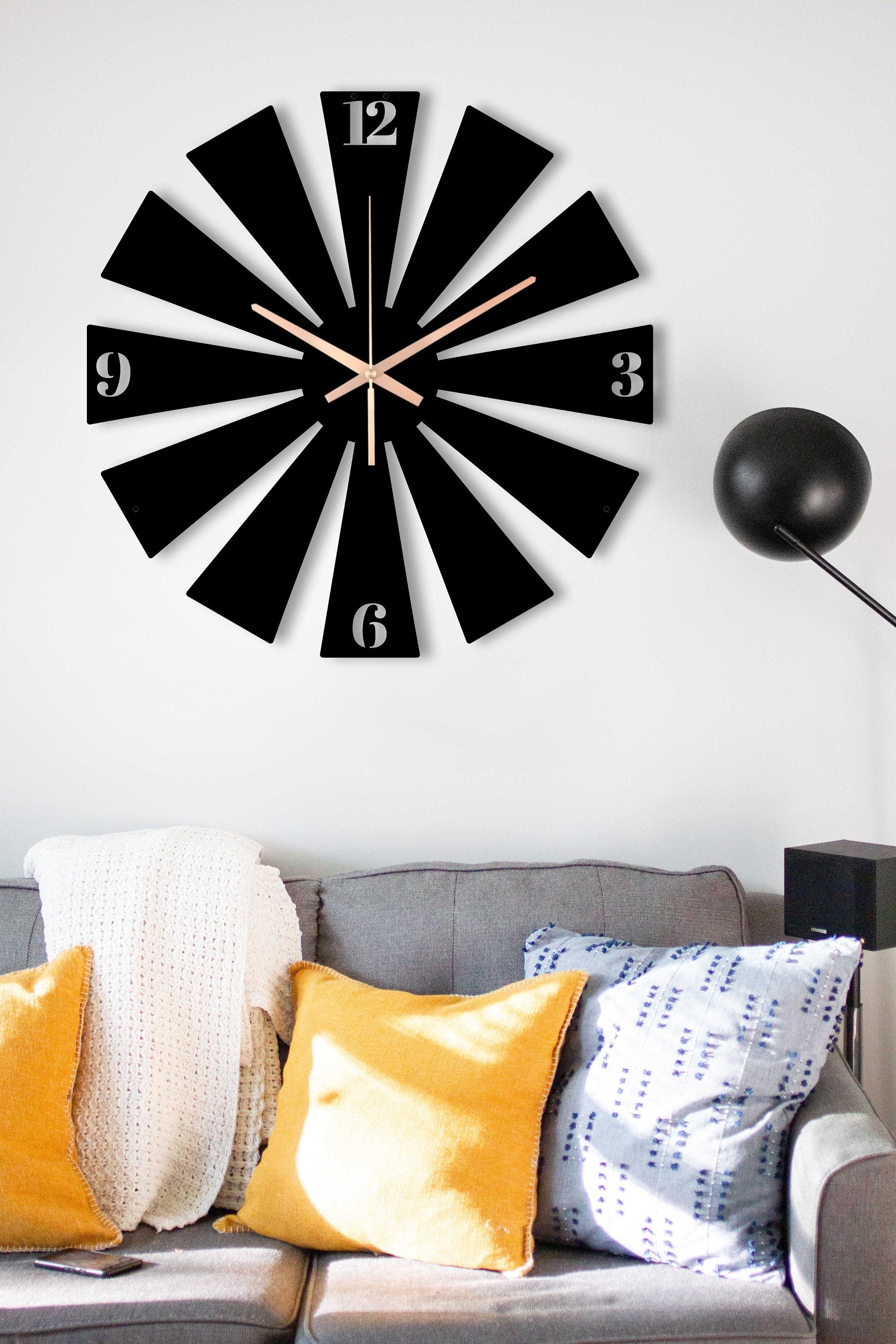 Wind Rose Clock, Oversized Wall Clock, Unique Wall Clock, Black Wall Clock, Small Game Room Clock, Sunburst Wall Clock, Laser Cut Clock