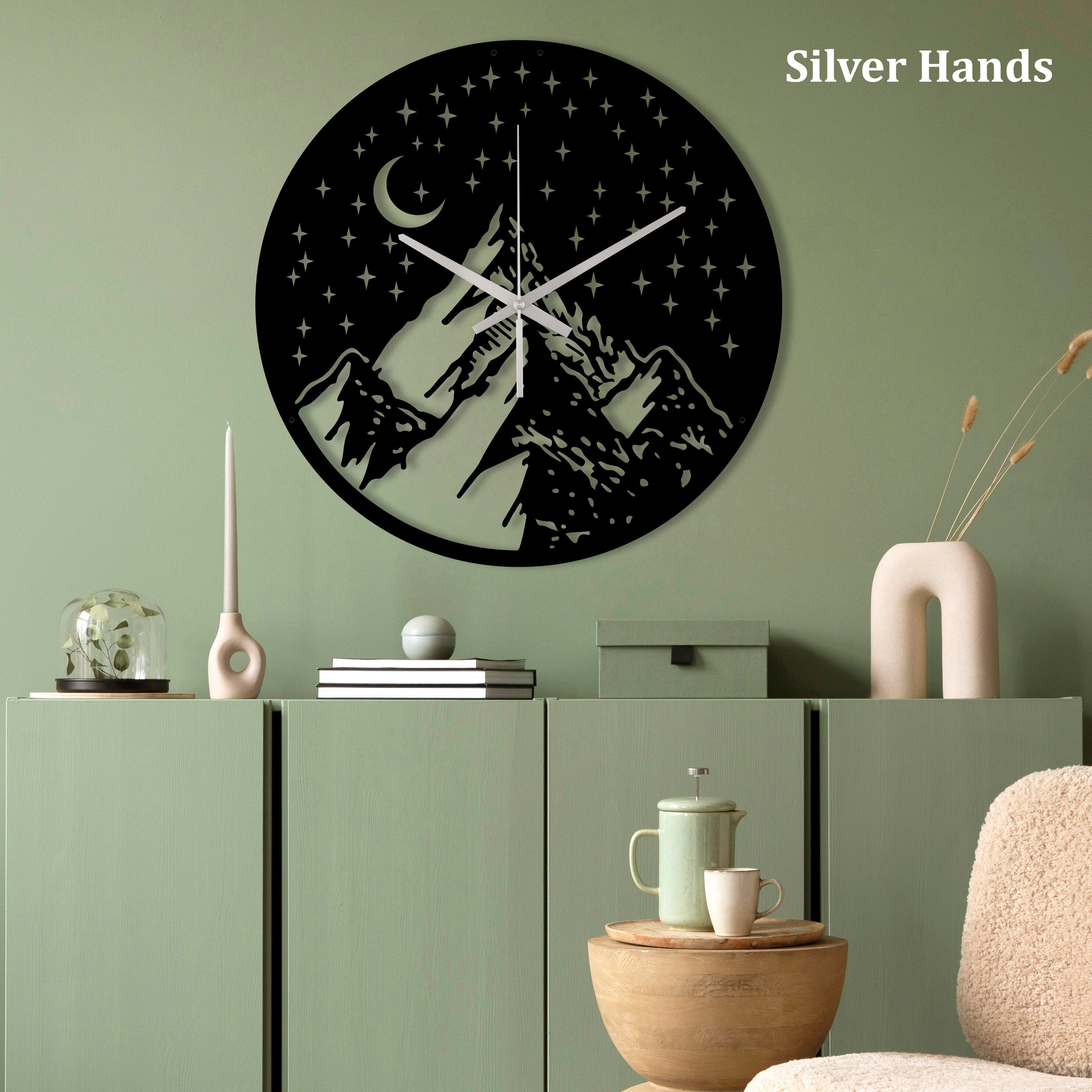 Mountain Star Moon Clock, Decorative Clock, Oversized Wall Clock, Metal Wall Clock, Small Wall Clock, Unique Wall Clock, Laser Cut Clock