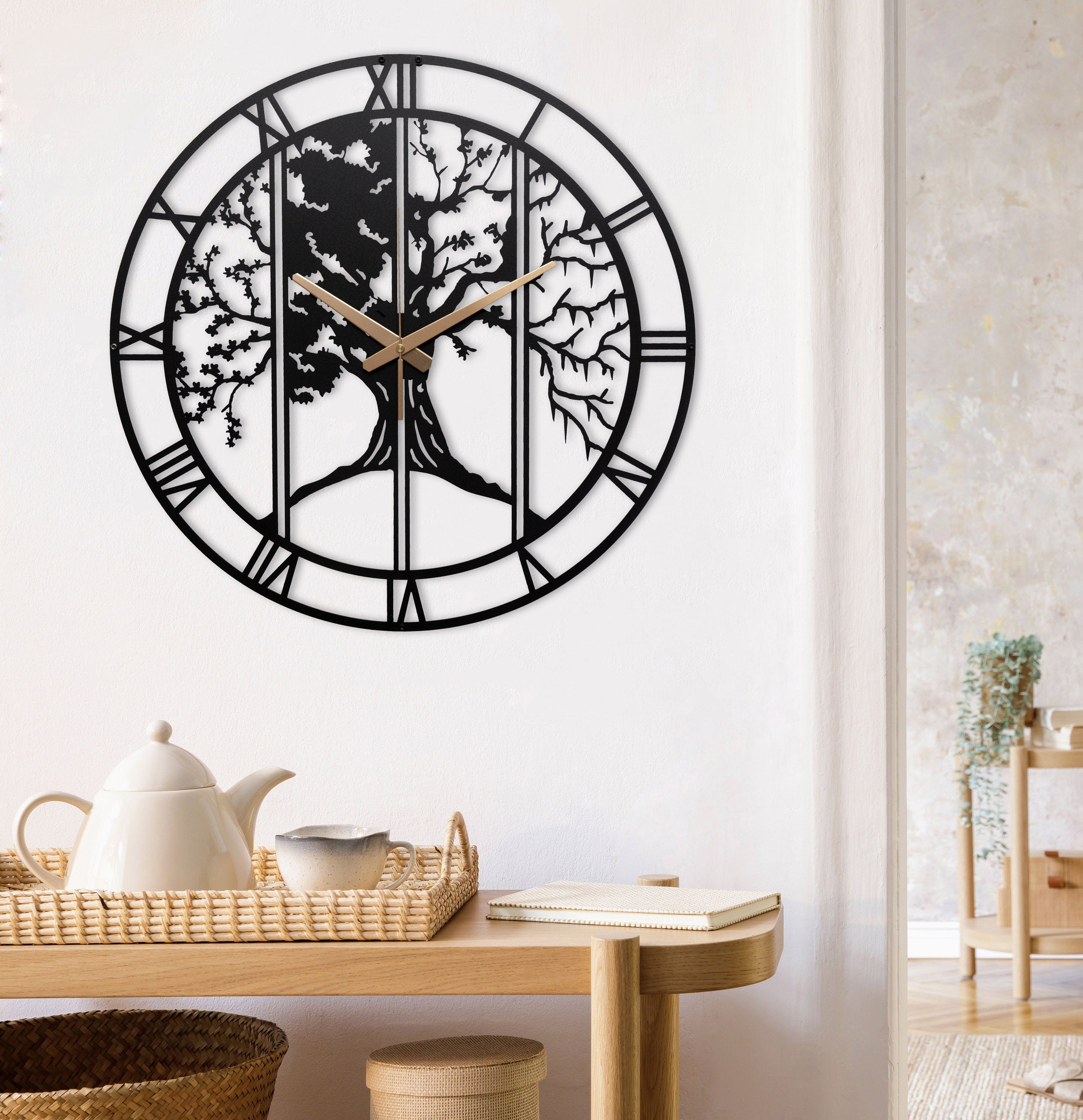 Tree Wall Clock, Large Tree Wall Clock, Black Tree Wall Clock, Small Metal Black Roman Numerals Wall Clock Farmhouse Waterproof Wall Clock