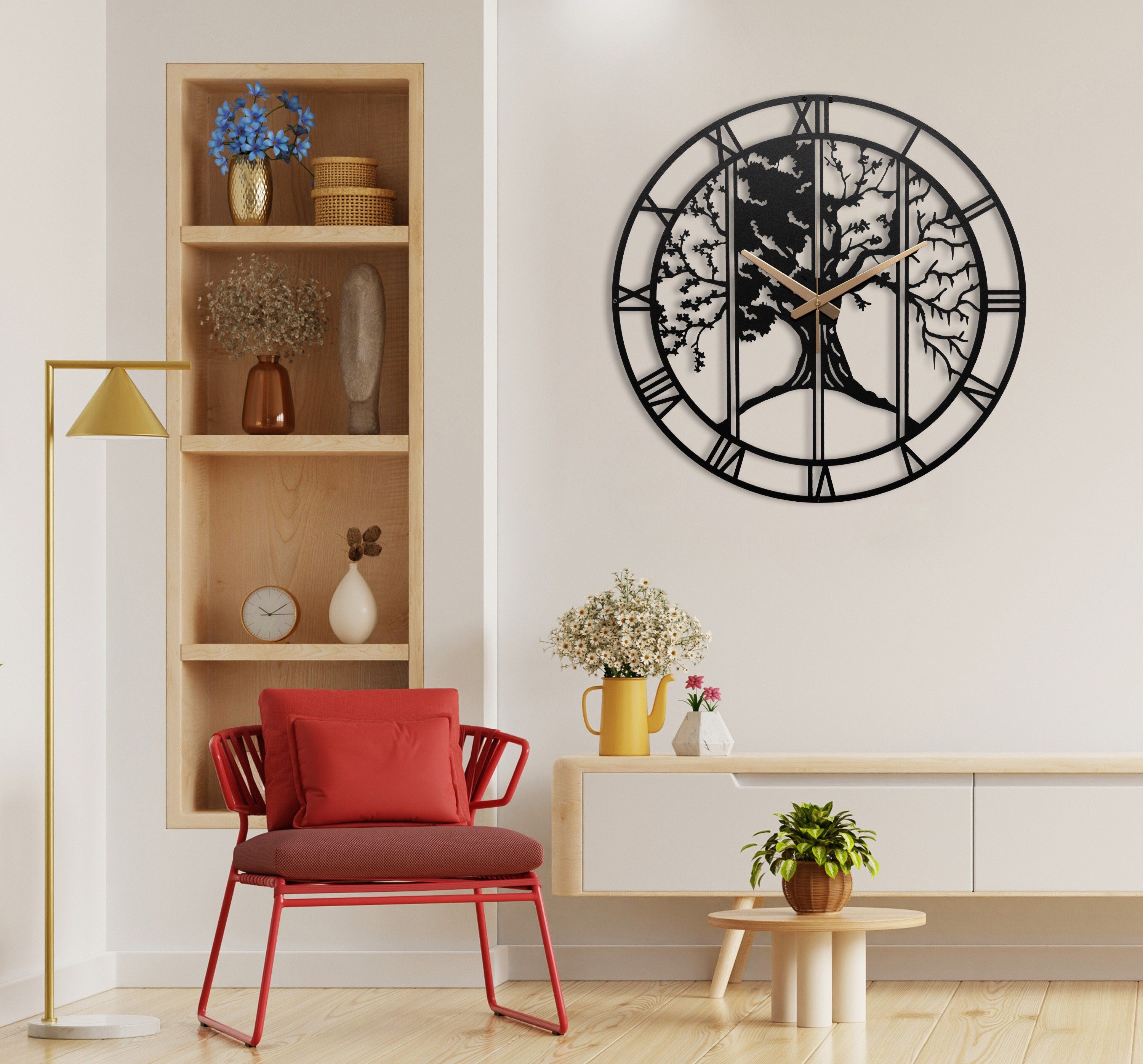 Tree Wall Clock, Large Tree Wall Clock, Black Tree Wall Clock, Small Metal Black Roman Numerals Wall Clock Farmhouse Waterproof Wall Clock
