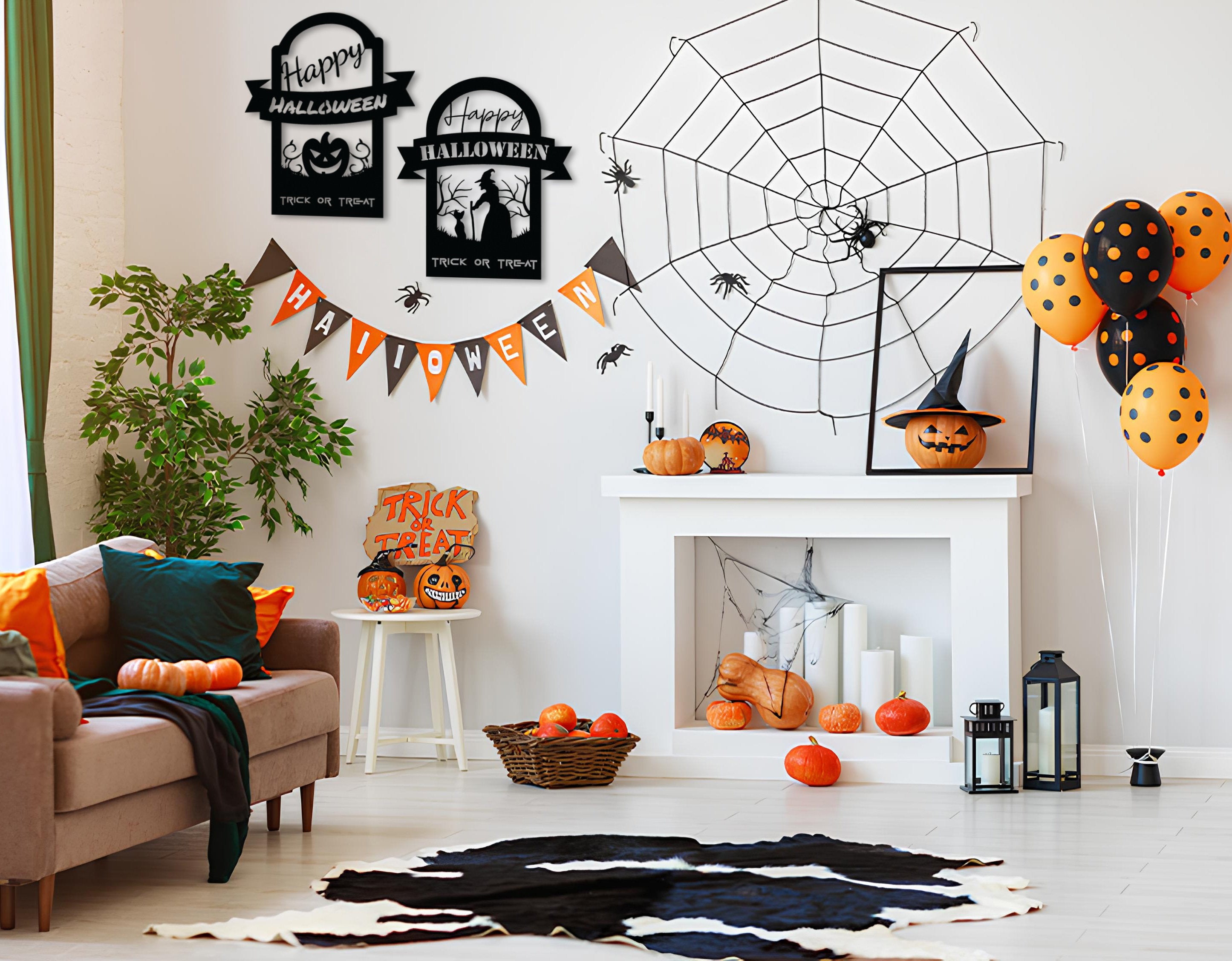 Halloween Decor Set, Cool Halloween Decor, Large Witch Decor, Pumpkin Metal Wall Decor, Spider Web Decor, Gothic Furniture, Trendy Decor