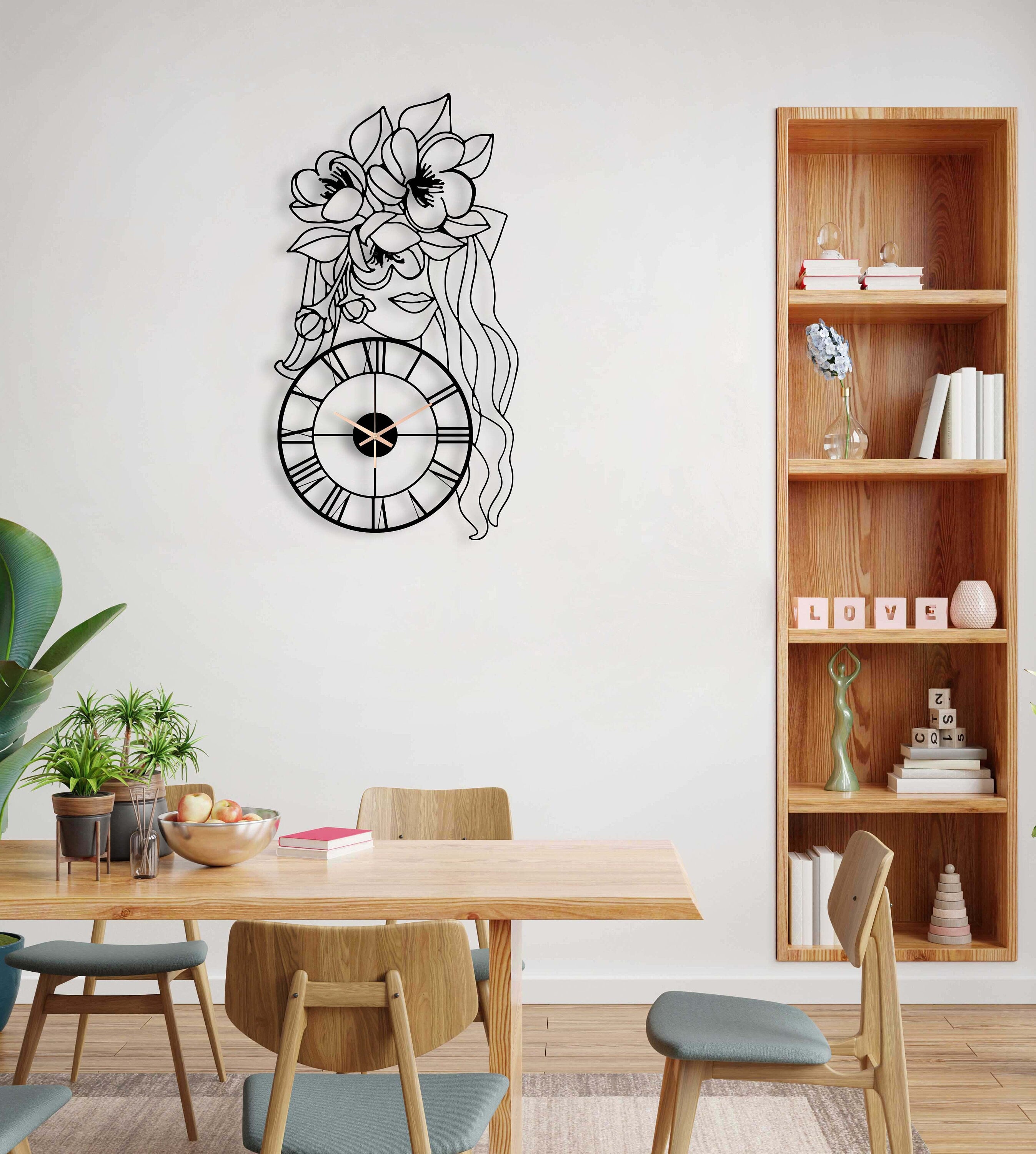 Flowers Minimalist Clock, Oversized Wall Clock, Unique Wall Clock, , Black Wall Clock, Metal Wall Clock, Silent Wall Clock, Clocks For Wall